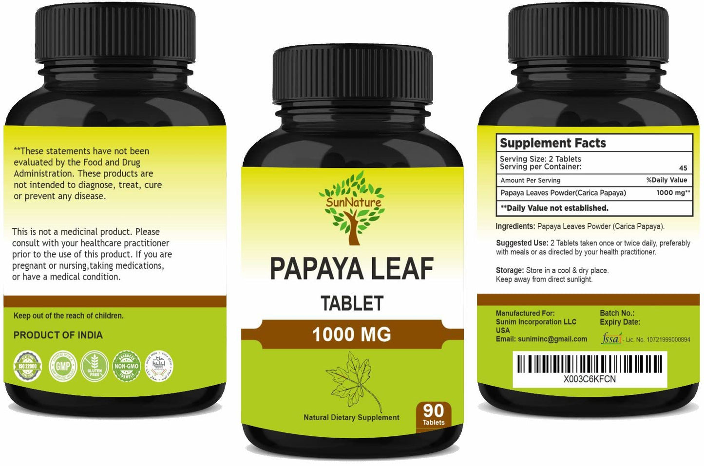 SunNature Papaya Leaf Tablets 1000 mg, 90 Tablets