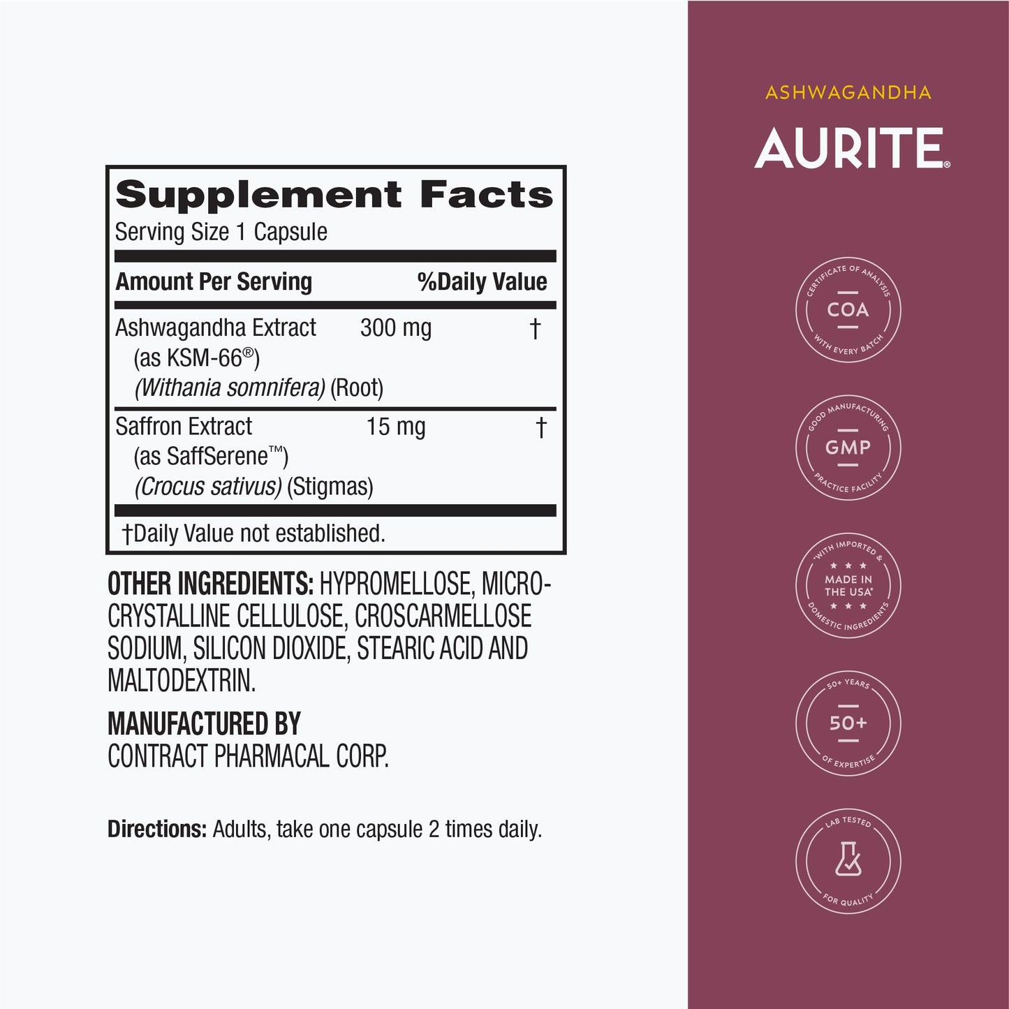 Aurite Saffron Ashwagandha Supplement Stress Mood Memory Capsule 60 Count