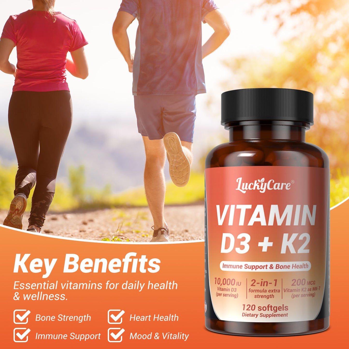 Luckycare Vitamin D3 K2 10000 IU Plus K2 (MK-7) 200 mcg Softgels, 120 Count