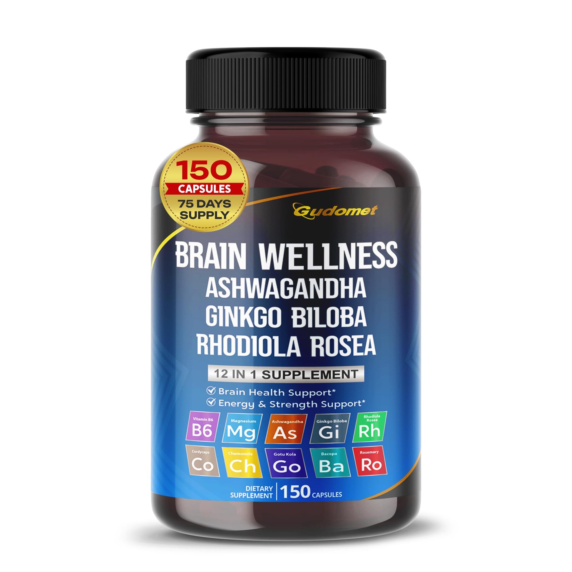 GUDOMET Brain Wellness Ginkgo Biloba Rhodiola Cordyceps Chamomile Ashwagandha Gotu Kola Bacopa Rosemary Holy Basil Black Pepper 150 Capsules