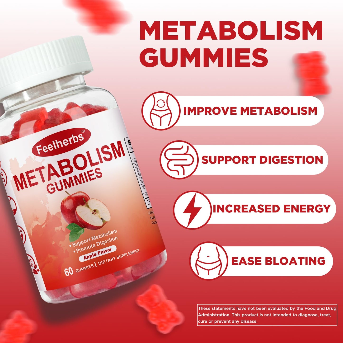 Feelherbs Metabolism Gummies for Women and Men Digestion & Energy, Apple Cider Vinegar Gummies with Vitamin B12 & Beet Root, 60 Gummies