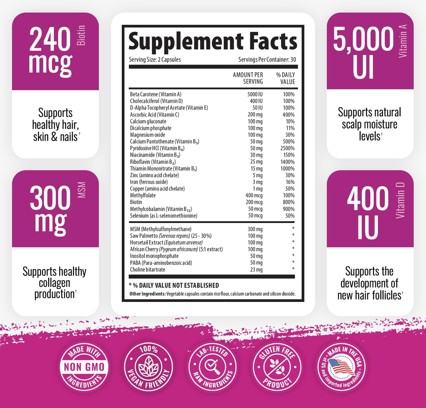 1 Body Hair Skin Nails Growth Vitamin with Biotin Capsules 120 Capsules