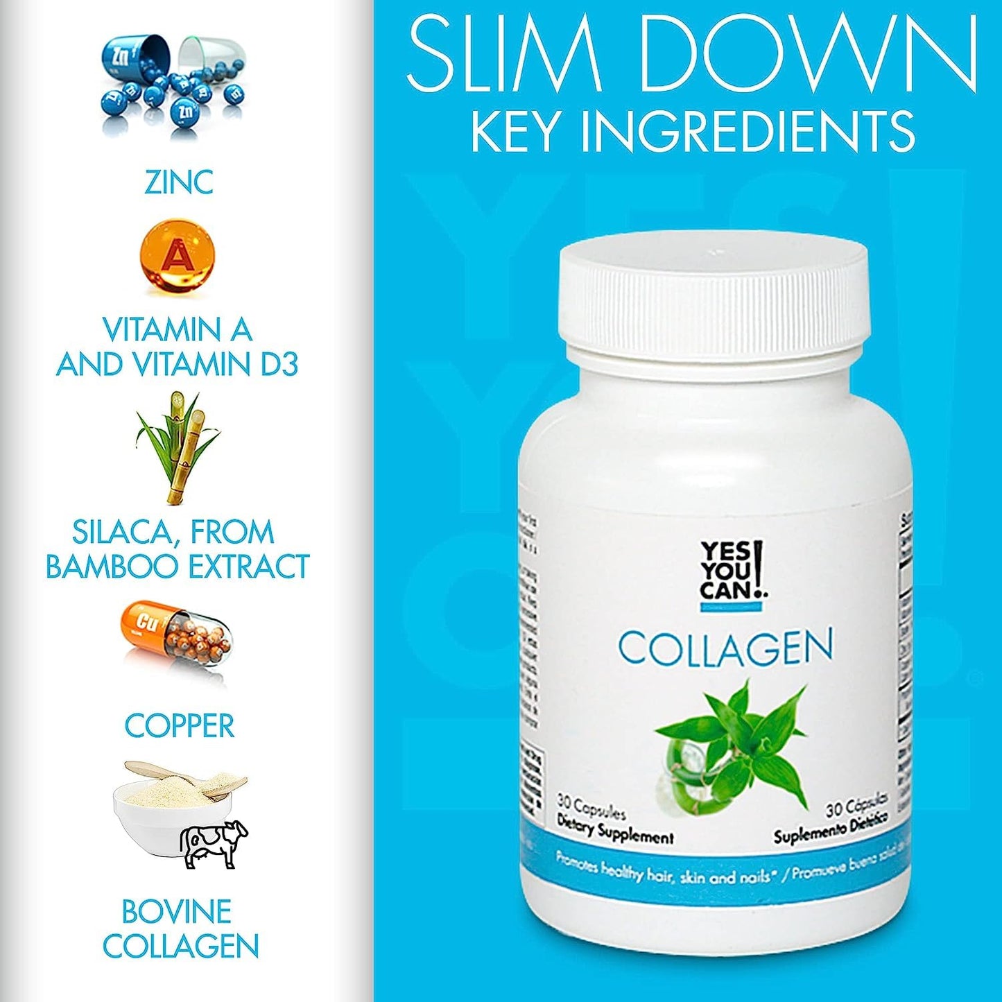 Yes You Can! Collagen Capsules for Women and Men, 290 mg Bovine Collagen, Vitamin A, Vitamin D3, Zinc and Copper, 60 Capsules