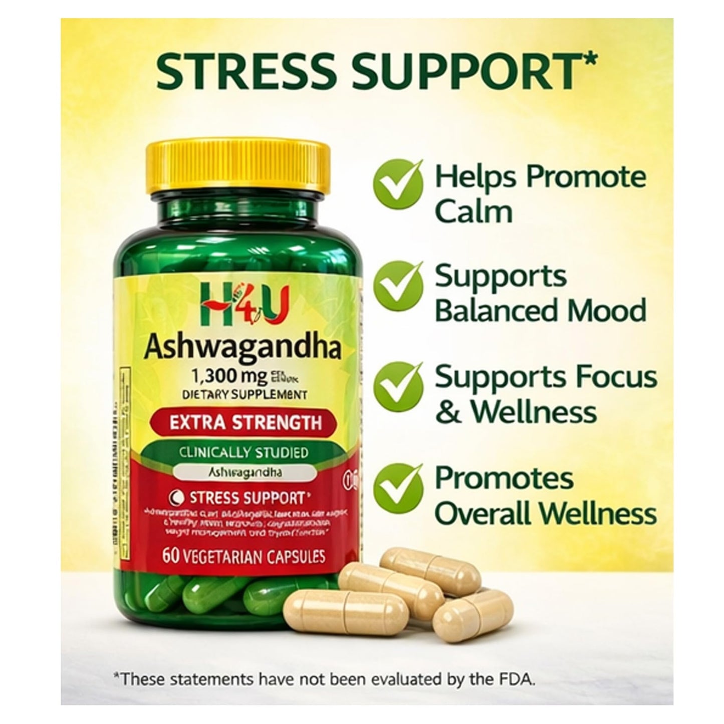 4 TOP CARE Ashwagandha Dietary Supplement 1300 mg Capsules, 60 Count