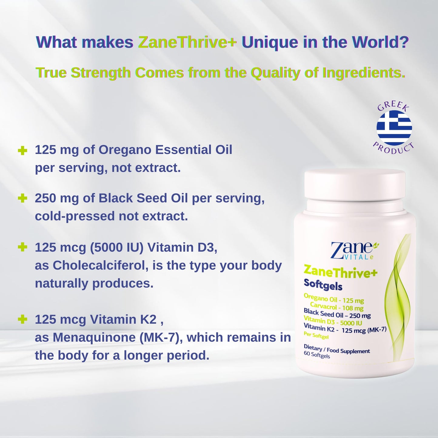 Zane VITALe Vitamin D3 & K2, Oregano Oil, Black Seed Oil Supplement 60 Softgels