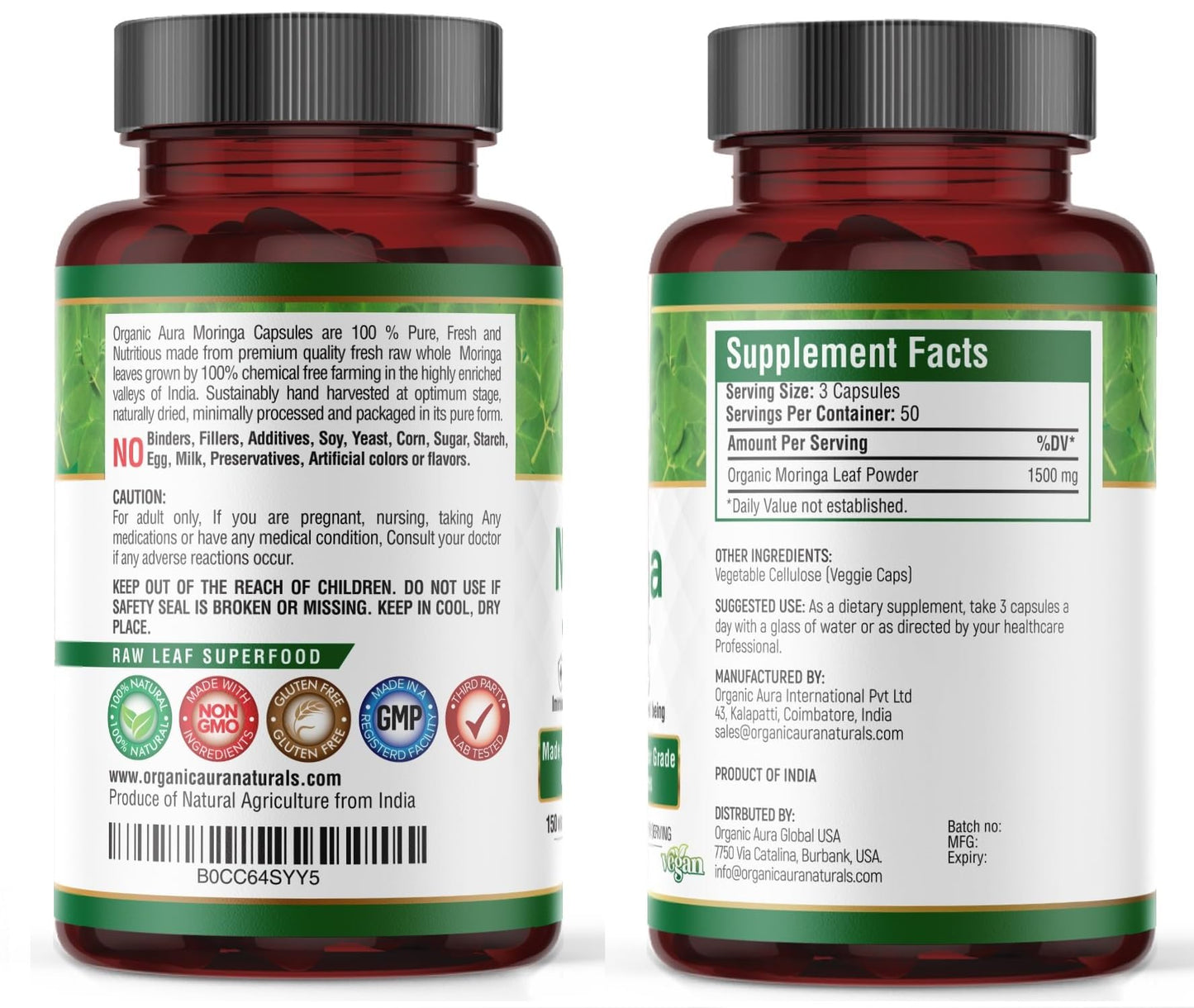 Organic Aura International Moringa Leaf Capsules 1500mg, 150 Capsules