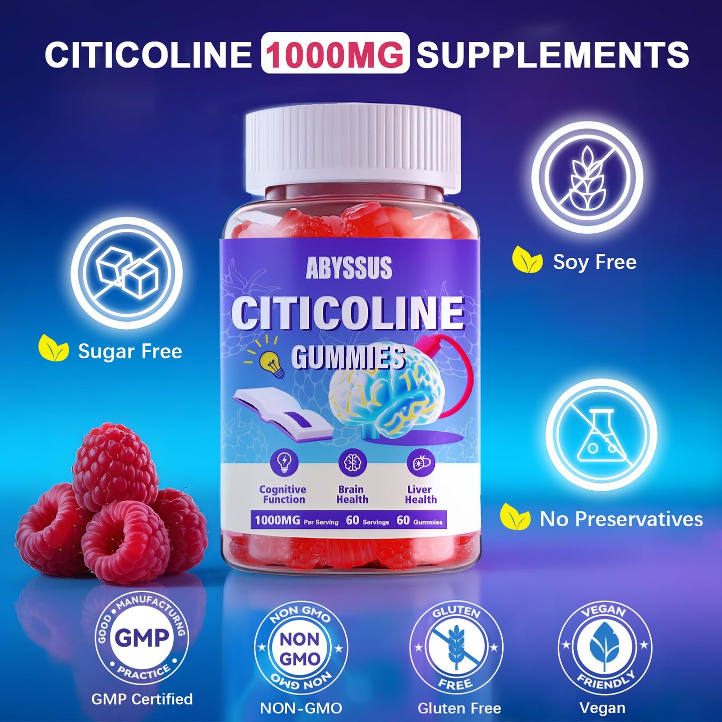 ABYSSUS Citicoline (CDP Choline) 1000mg Gummies, 60 Count