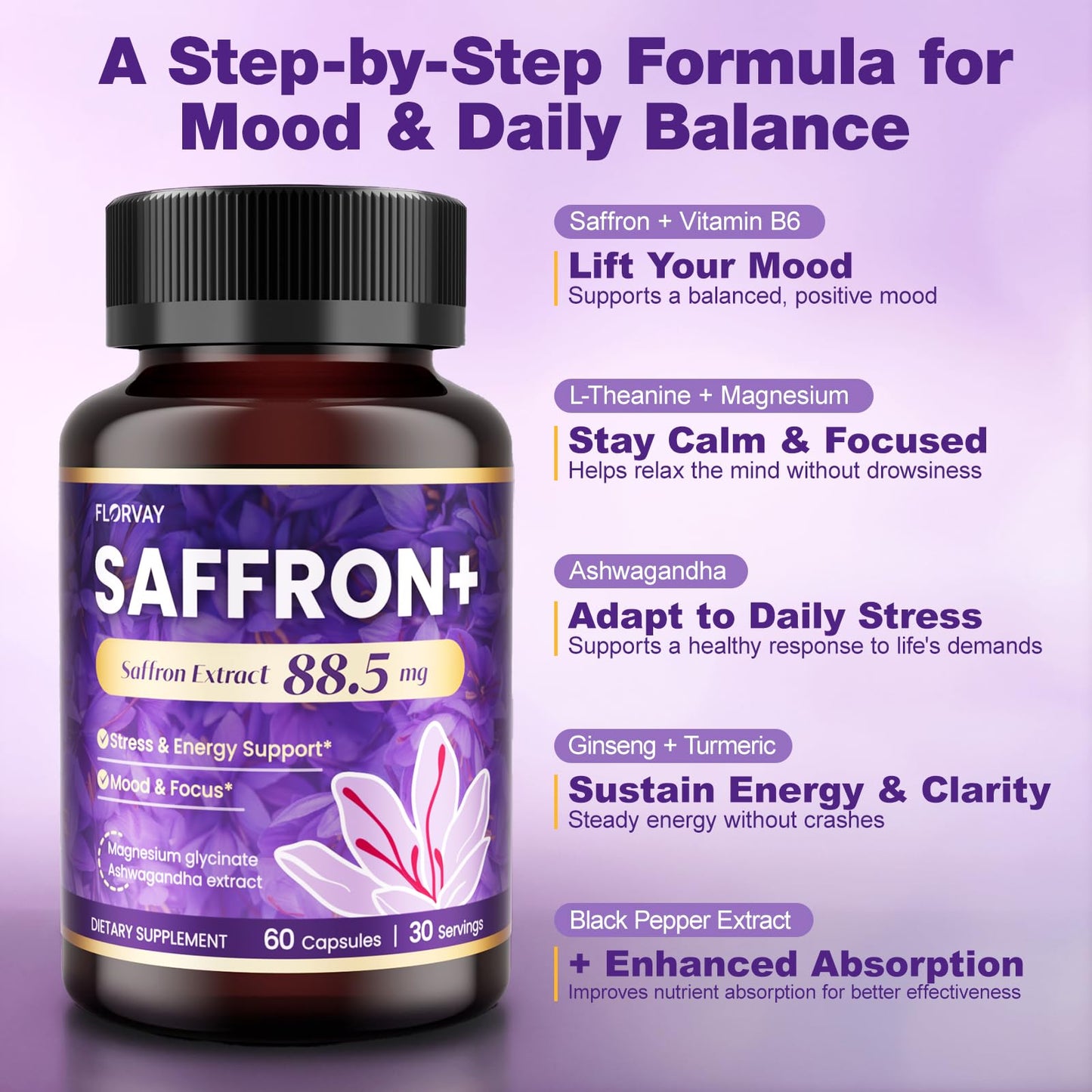 Florvay Saffron Extract Supplements 88.5mg for Women with Ashwagandha, L-Theanine & Magnesium, Supports Mood & Daily Energy, Botanical Blend, 60 Capsules