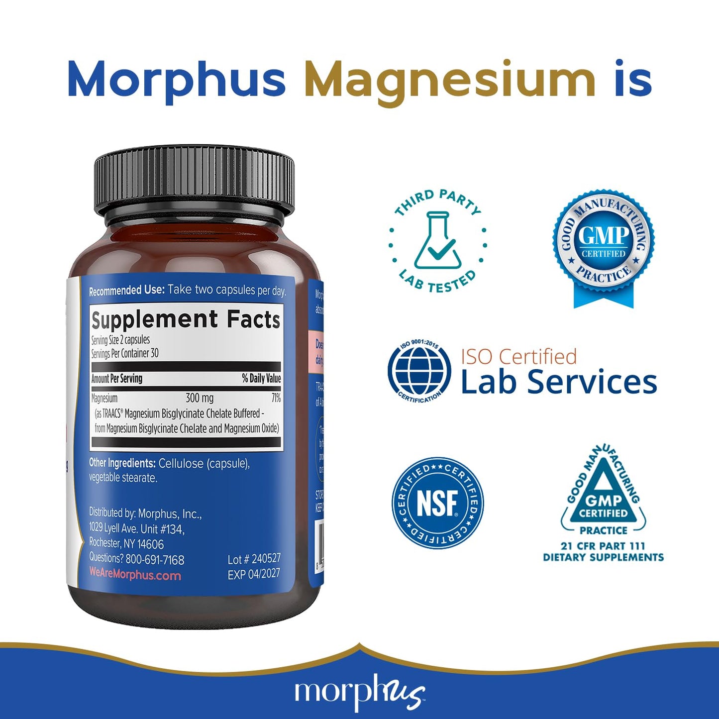 MORPHUS Magnesium Bisglycinate Chelate 300mg Supplement Capsules, 60 Count