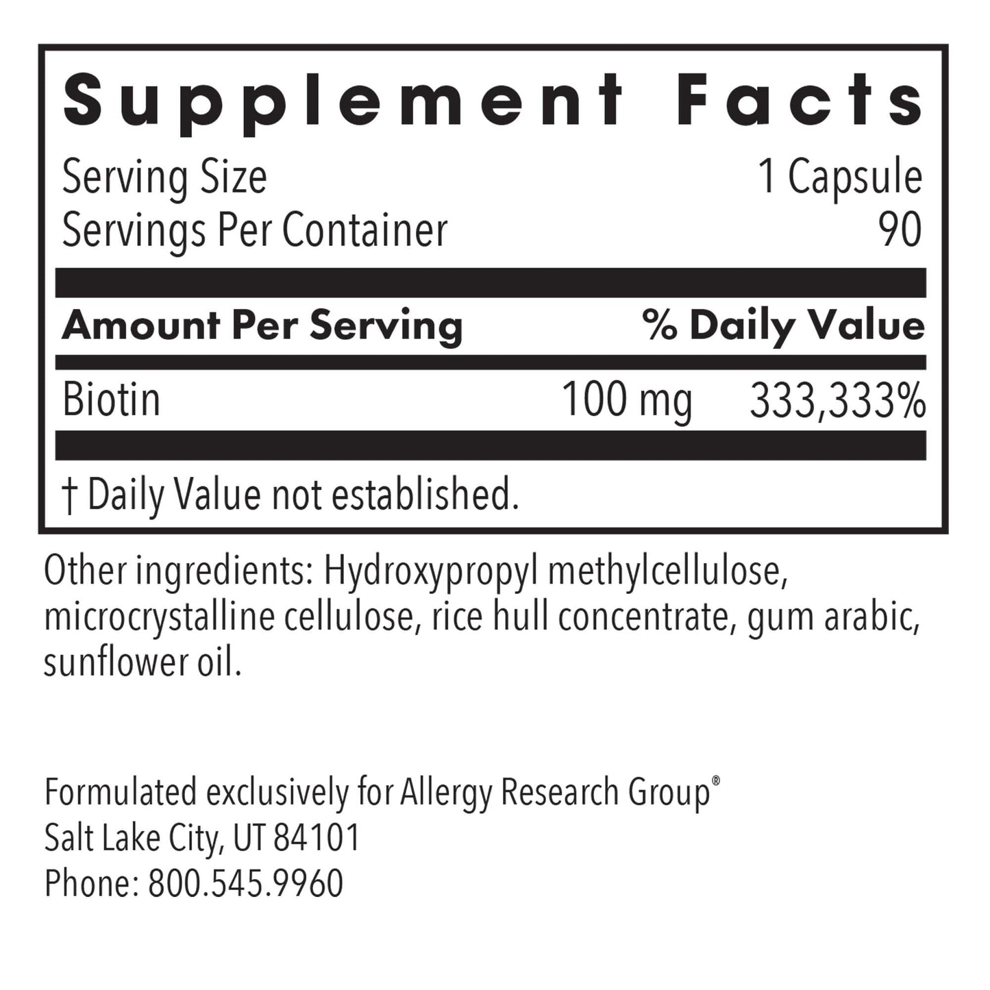 Allergy Research Group HiBiotin 100 mg Energy Metabolism Capsules, 90 Count