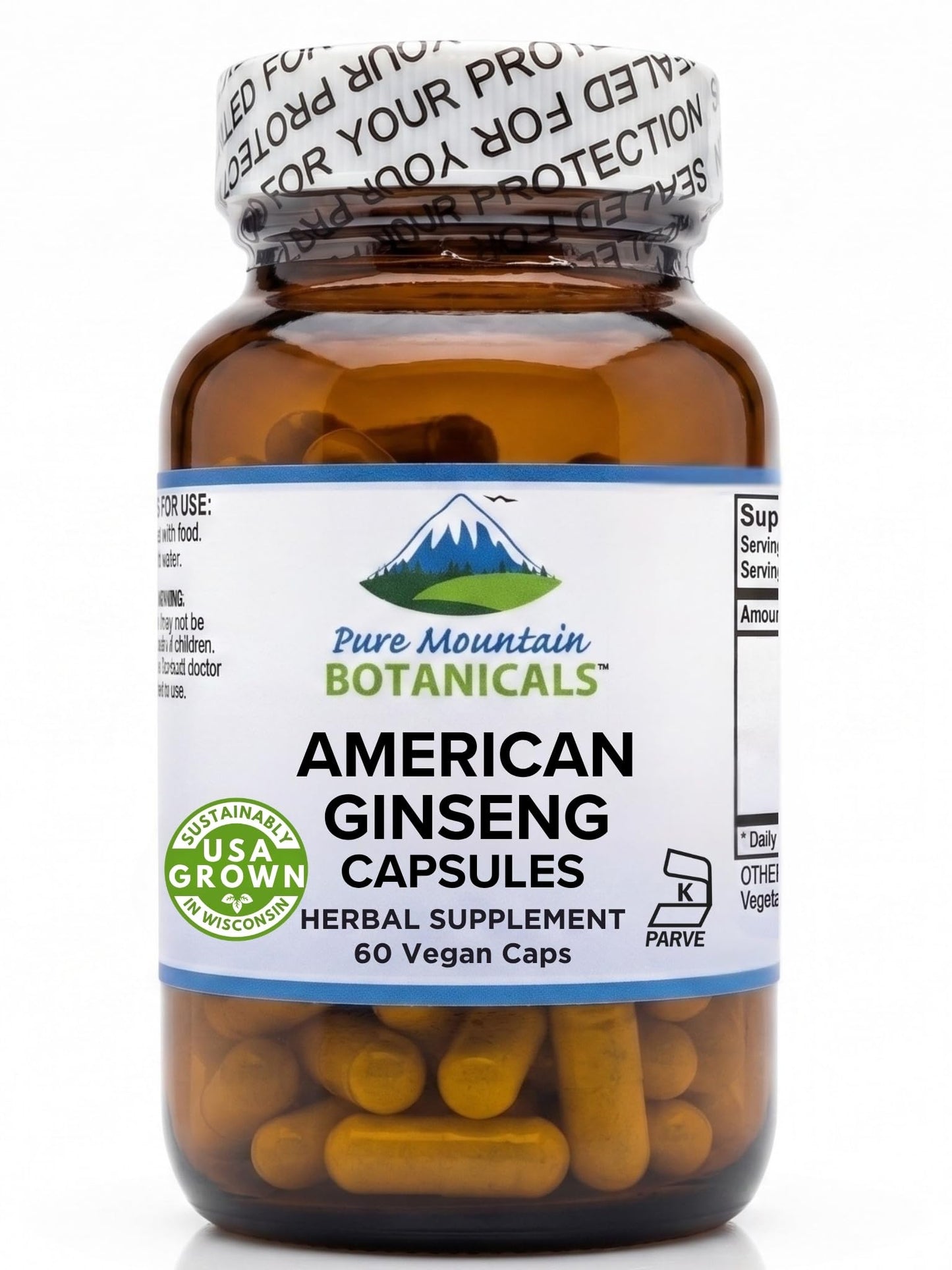 Pure Mountain Botanicals American Ginseng 400mg Panax Quinquefolia Ginseng Root Capsules, 60 Count