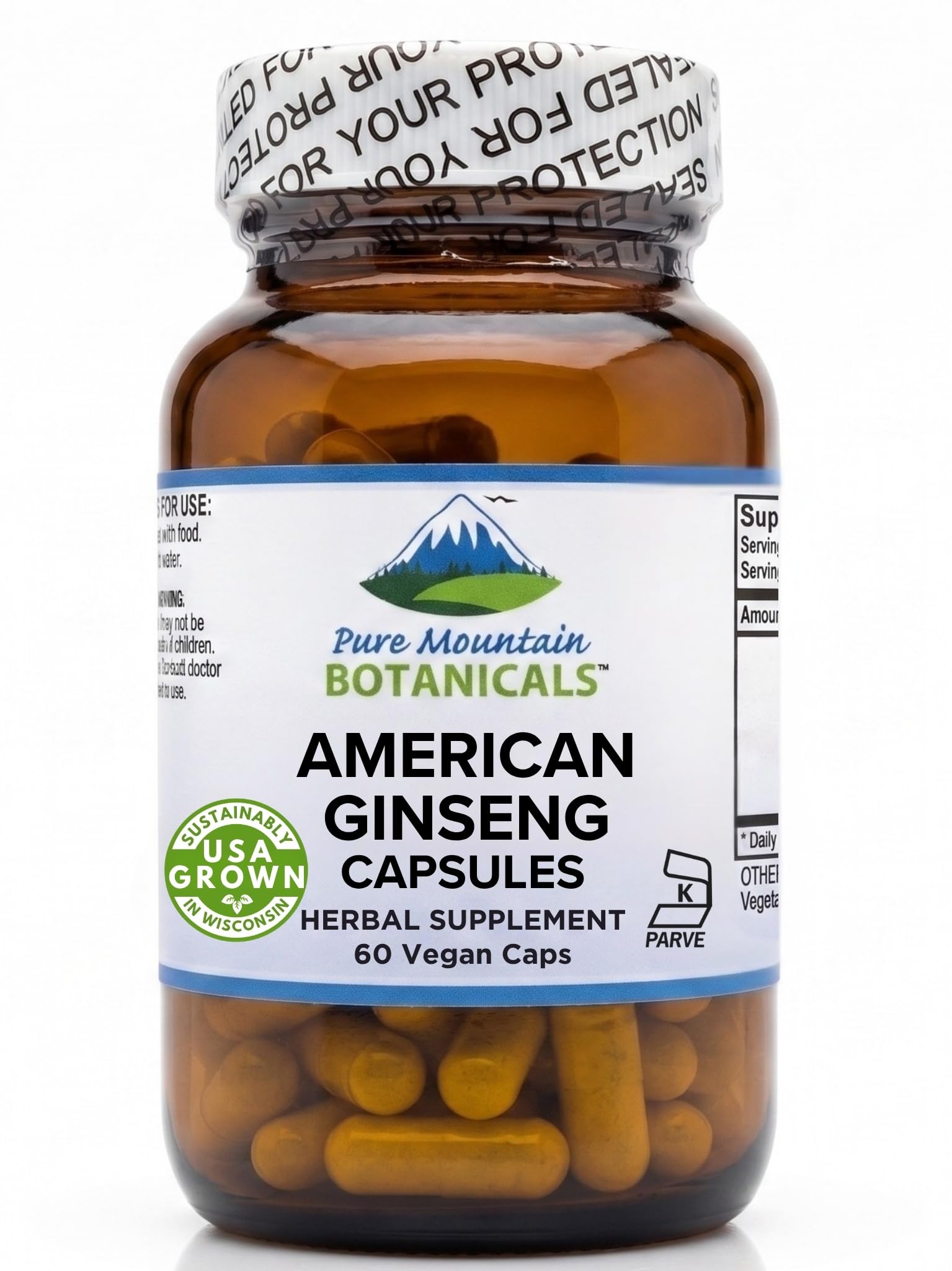 Pure Mountain Botanicals American Ginseng 400mg Panax Quinquefolia Ginseng Root Capsules, 60 Count