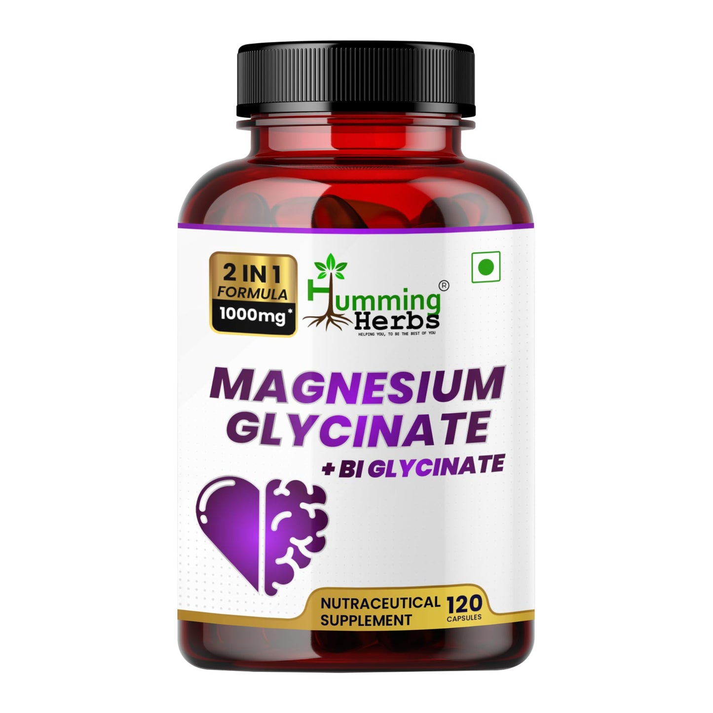 Humming Herbs Magnesium Glycinate & Bisglycinate – 200 mg Elemental per Serving, 120 Capsules