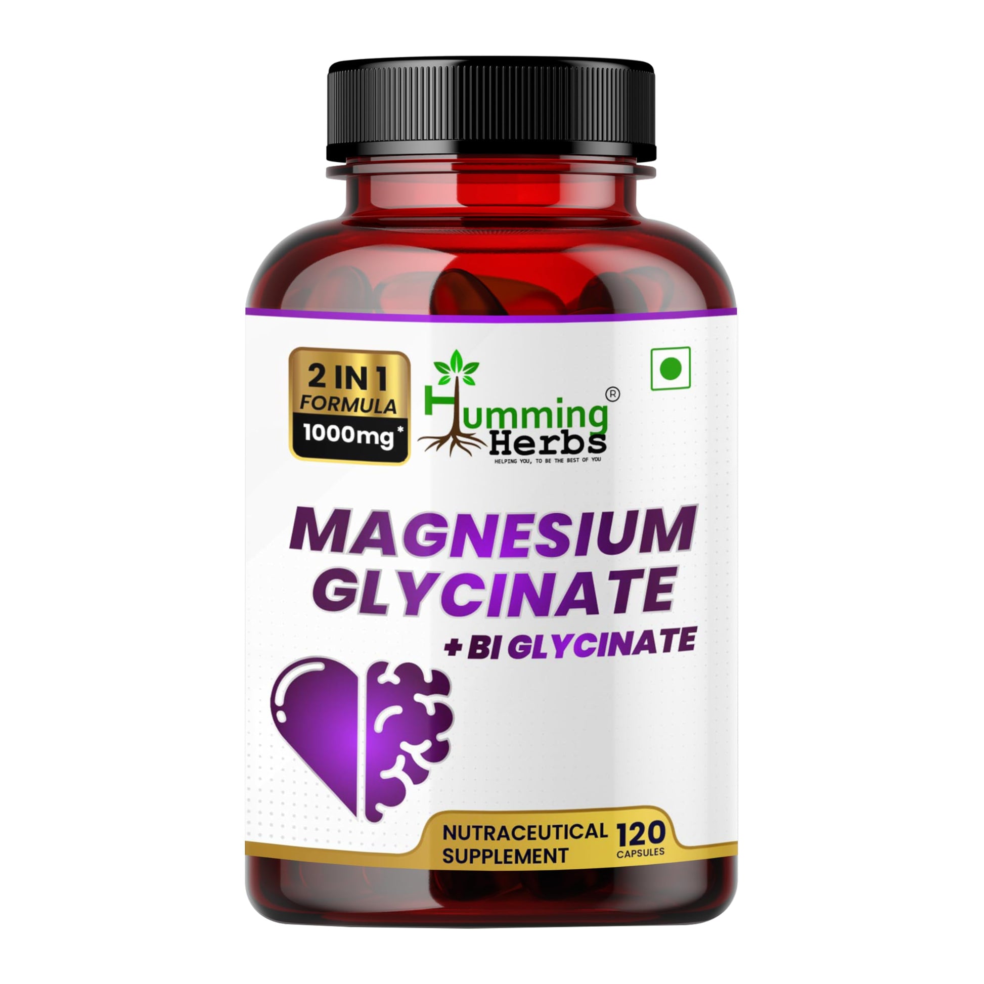 Humming Herbs Magnesium Glycinate & Bisglycinate – 200 mg Elemental per Serving, 120 Capsules