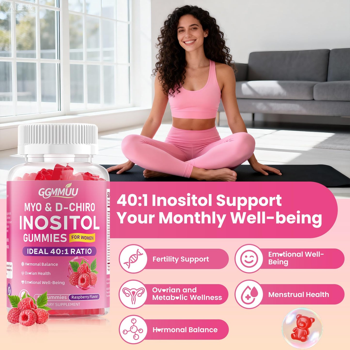 GGMMUU Myo-Inositol & D-Chiro Inositol Gummies for Women 2000mg + 50mg Ideal 40:1 Ratio with Vitamin D3, Magnesium Glycinate, Folate & Zinc for Female, Raspberry Flavor, 60 Count
