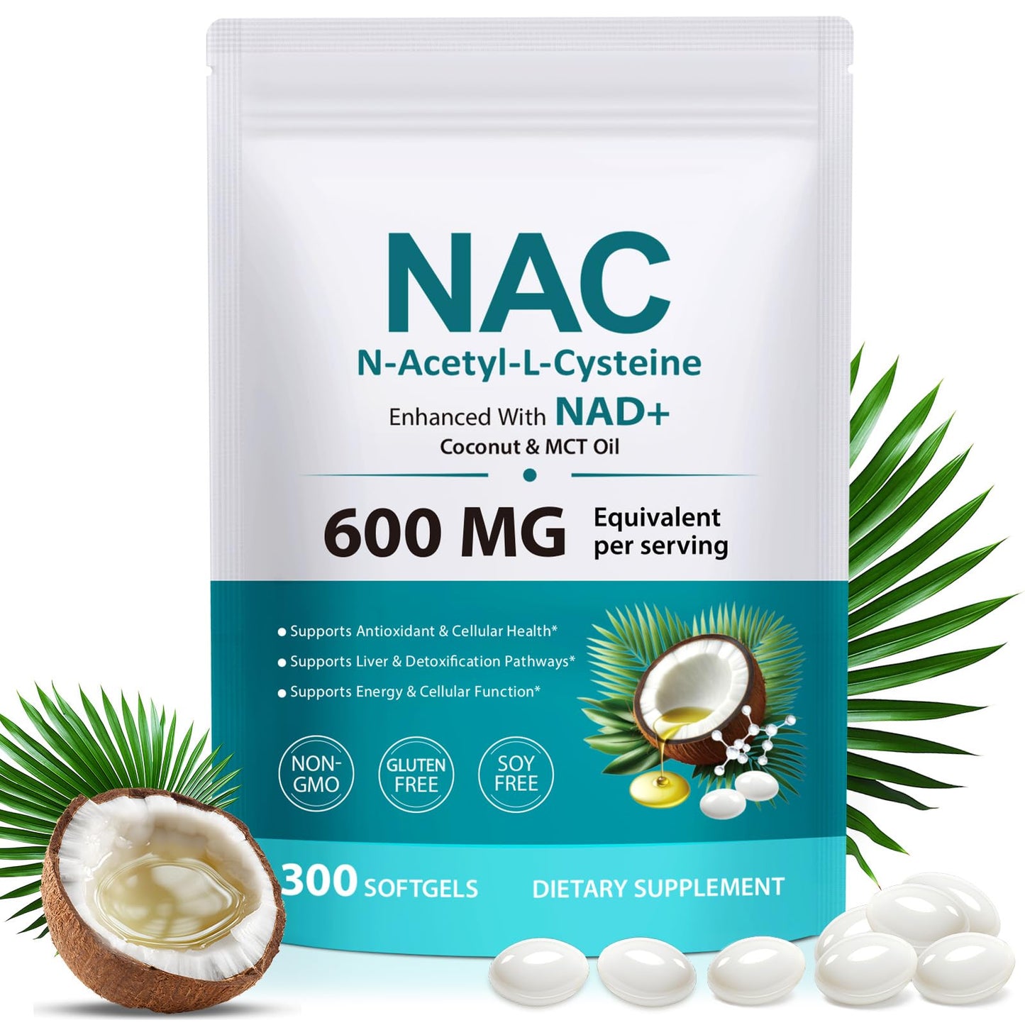 USBSREGARDS NAC Supplement (N-Acetyl Cysteine) Capsules with NAD+, Coconut Oil & MCT Oil, Non-GMO, Gluten Free, 300 Capsules