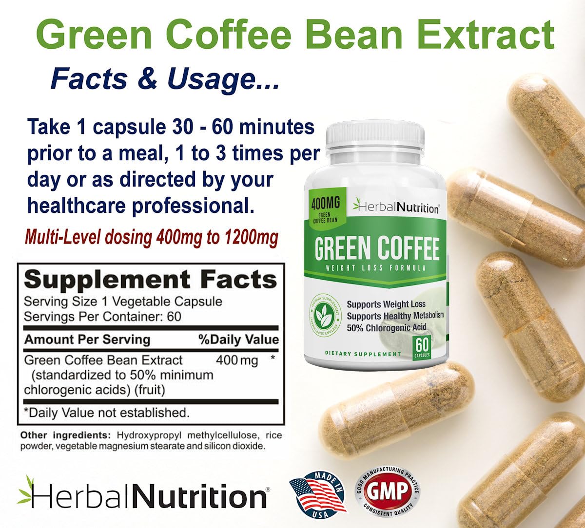 Herbal Nutrition Pure Green Coffee Bean Extract 800mg 50% Chlorogenic Acid, 60 Capsules