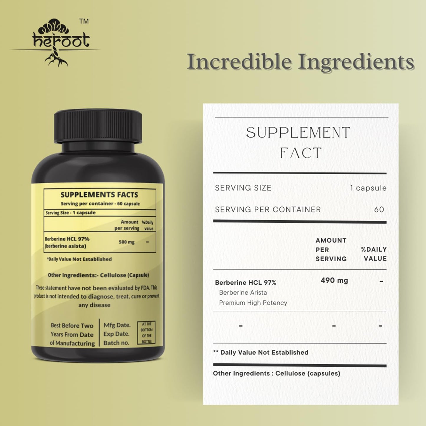Heroot Organic Berberine HCL Extract 500mg Premium Strength Berberine Supplement Capsules, 60 Count