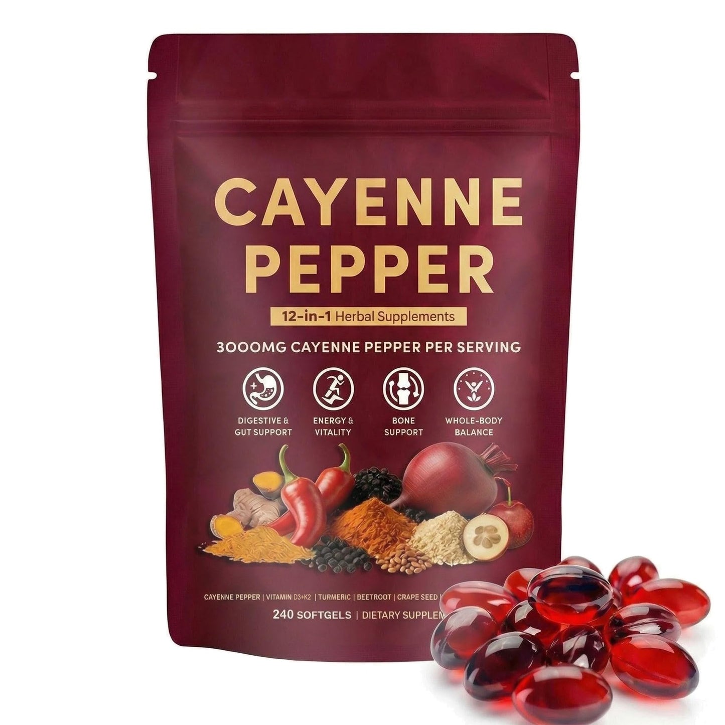 Biduka Cayenne Pepper 3000mg 12-in-1 Herbal Supplement with D3, K2, Turmeric, Ginger Softgels 240