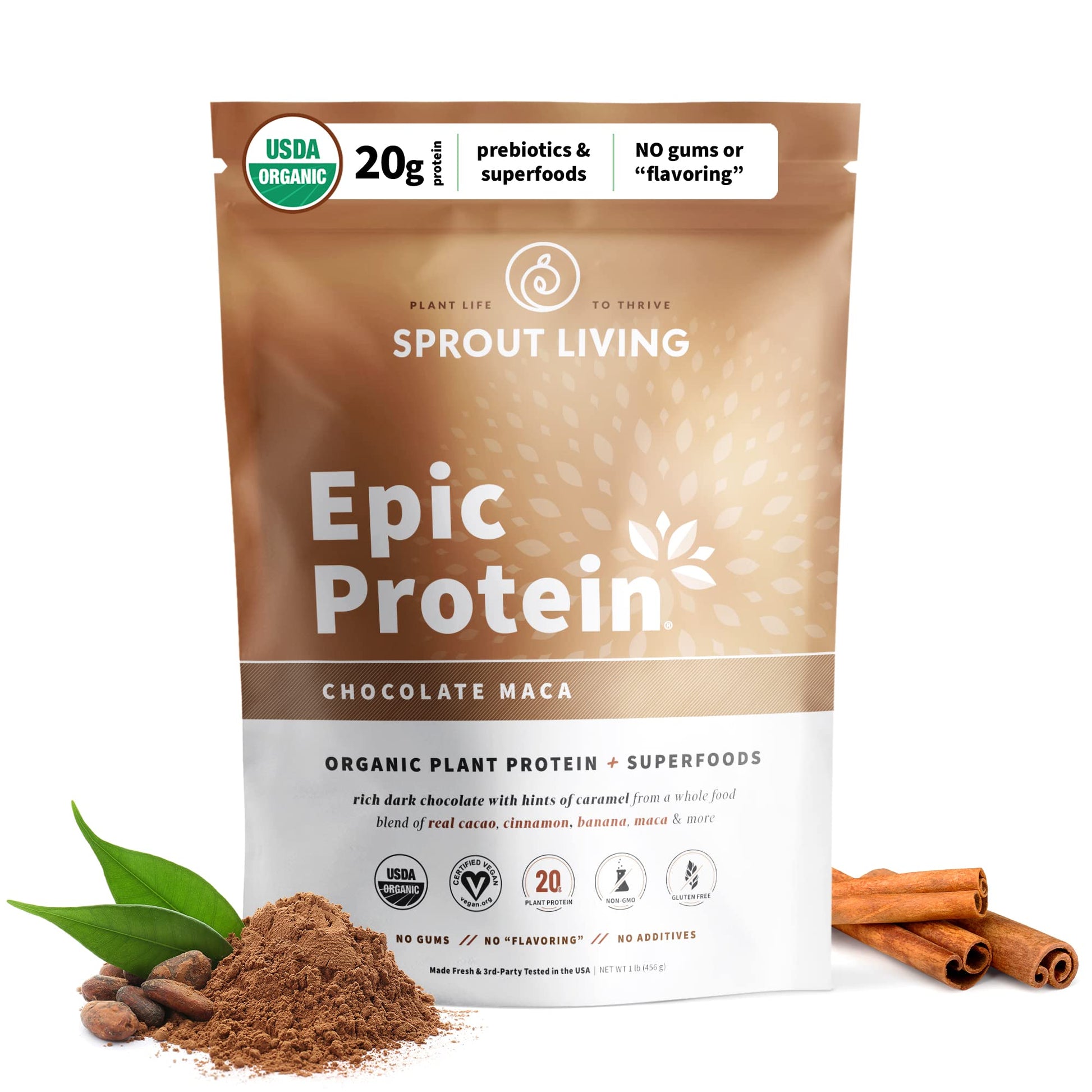 Sprout Living Epic Protein Powder, Chocolate Maca, 16 Servings