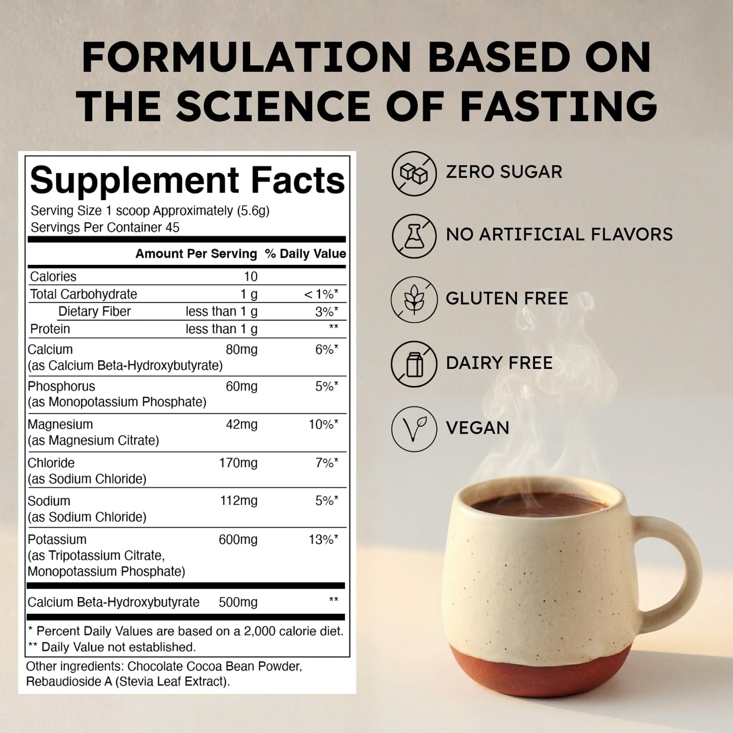 FSTN Chocolate Electrolytes Fasting Supplement – Crave Killer, Hydration & Energy – Zero-Sugar, Plus Ketones & Organic Cocoa, Powder, 8.95 Ounce