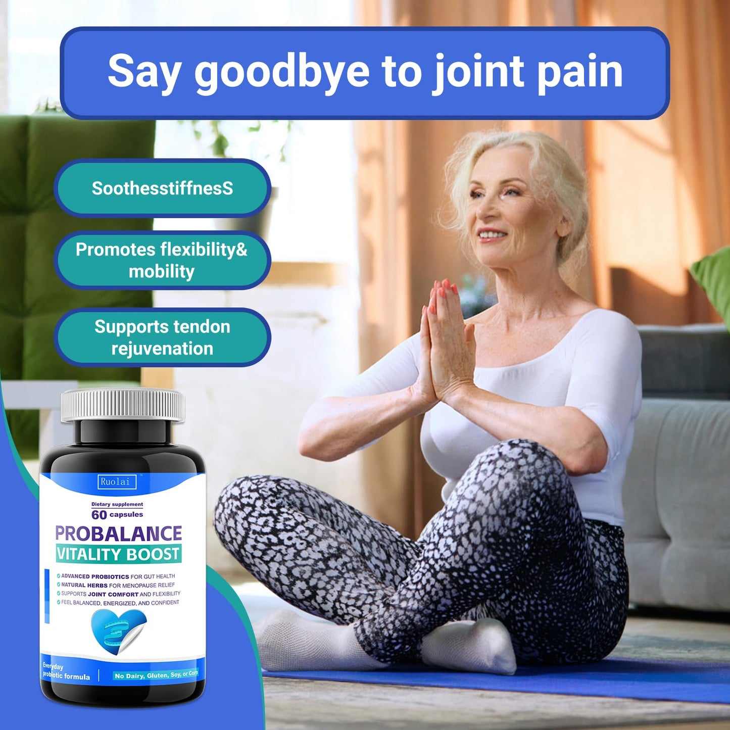 Ruolai ProBalance Probiotics for Women 68B CFU – Menopause, Bloat & Belly Support – Turmeric & Moringa – Digestive & Joint Health Capsules, 60 Count