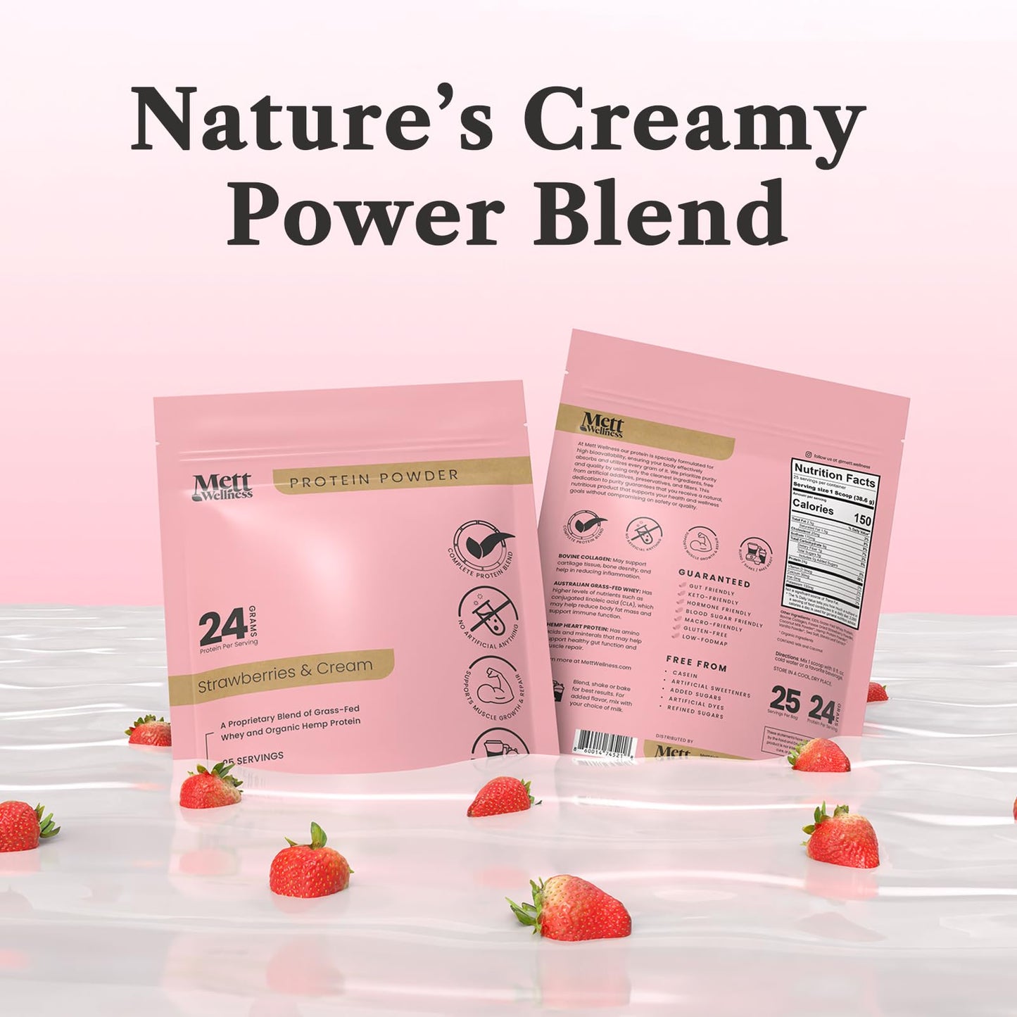 Mett Wellness Strawberries & Cream Grass-Fed Whey + Hemp Heart Protein Powder with Bovine Collagen, 25 Servings, Powder