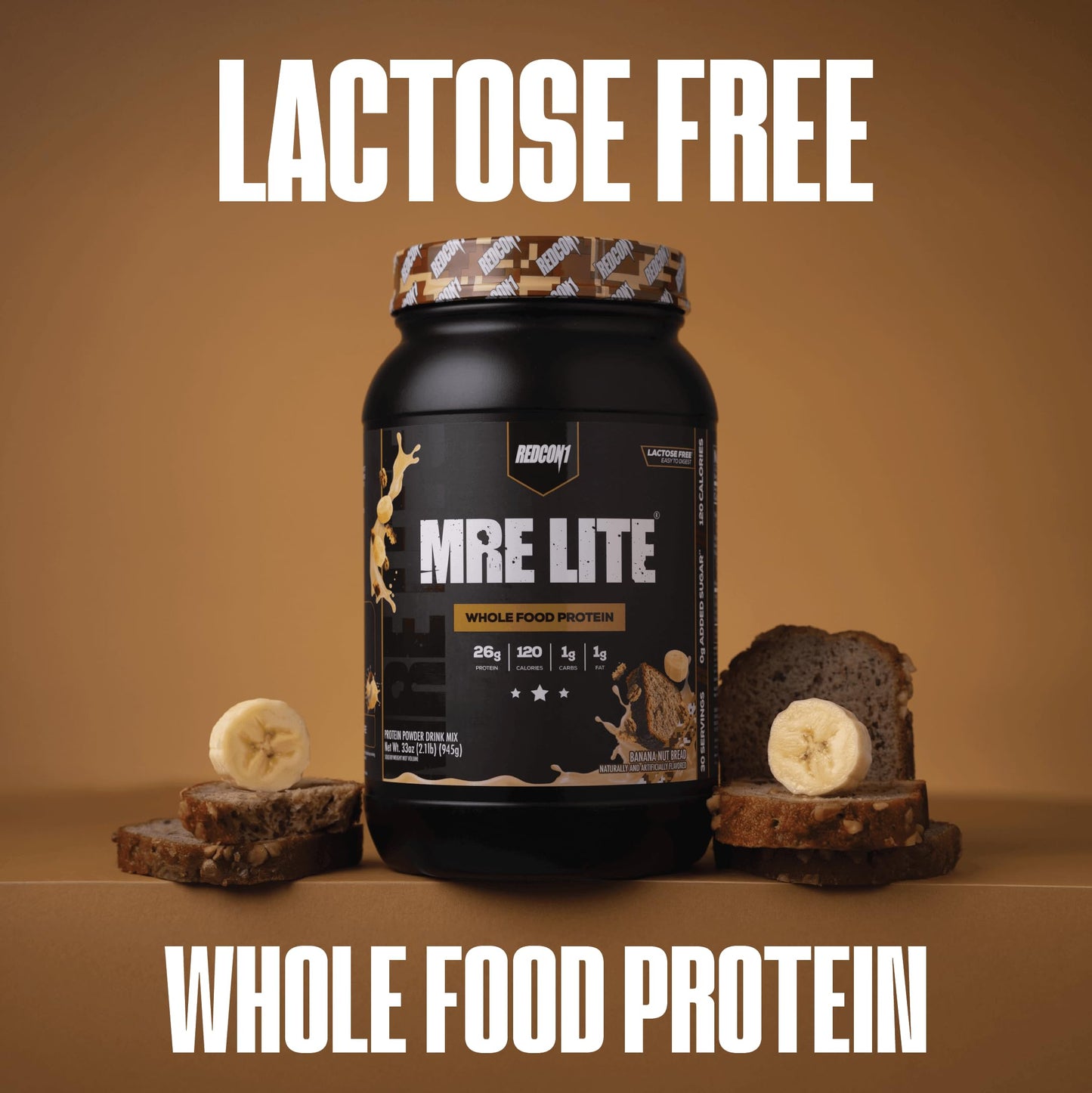 REDCON1 MRE LITE Whole Food Protein Powder Banana Nut Bread - Lactose Free & Sugar Free Meal Replacement with Animal Protein Blends - Easy to Digest Formula, 30 Servings