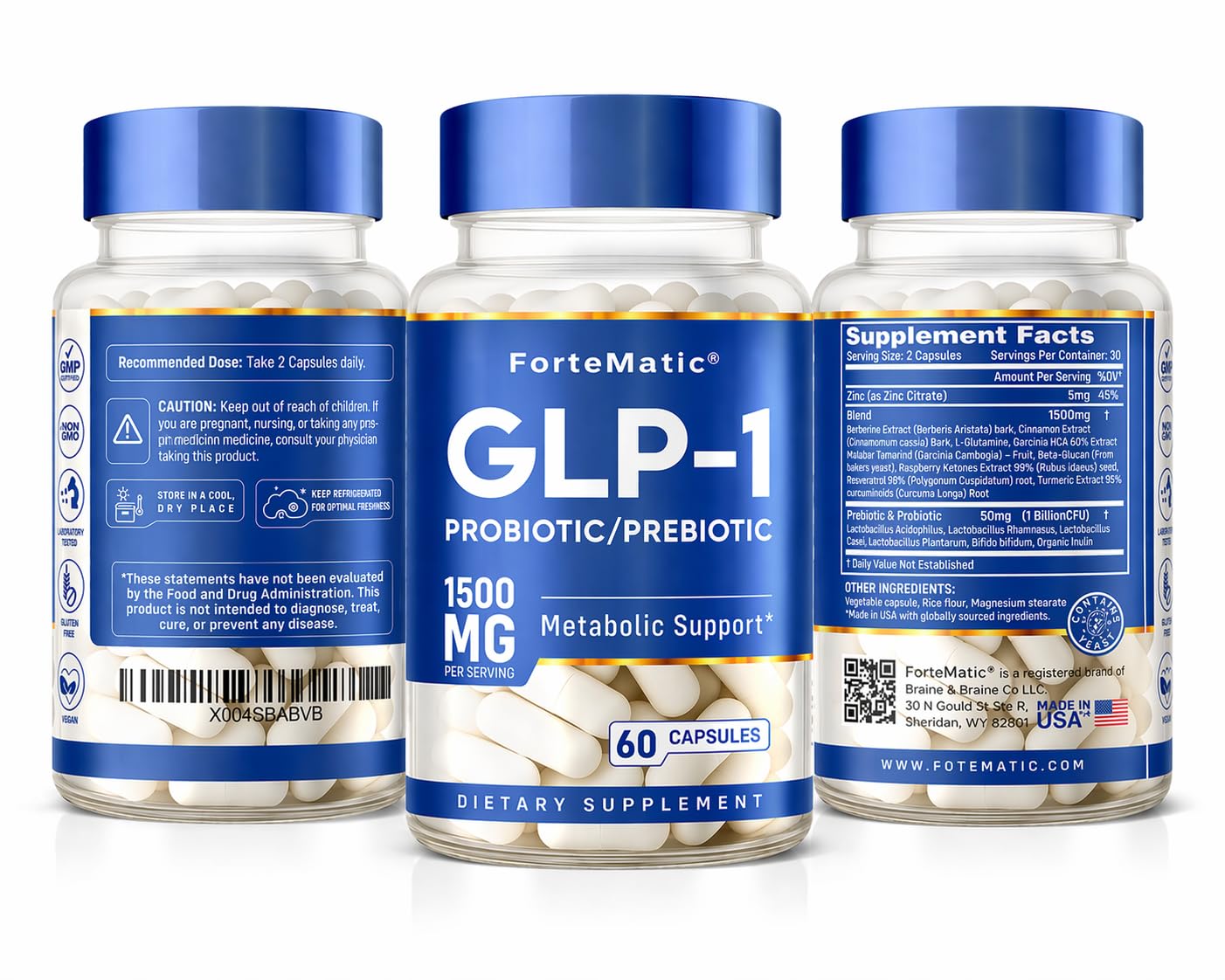 Fortematic GLP-1 Support Supplement for Weight Management, Appetite Suppressant & Metabolism Support, Probiotic & Prebiotic Blend for Gut Health, 60 Capsules