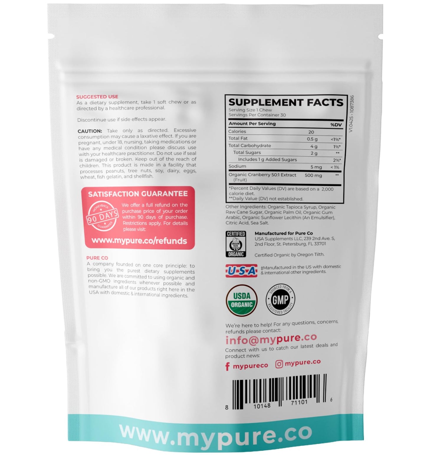 PURE CO Certified Organic Cranberry Soft Chews 30 Count