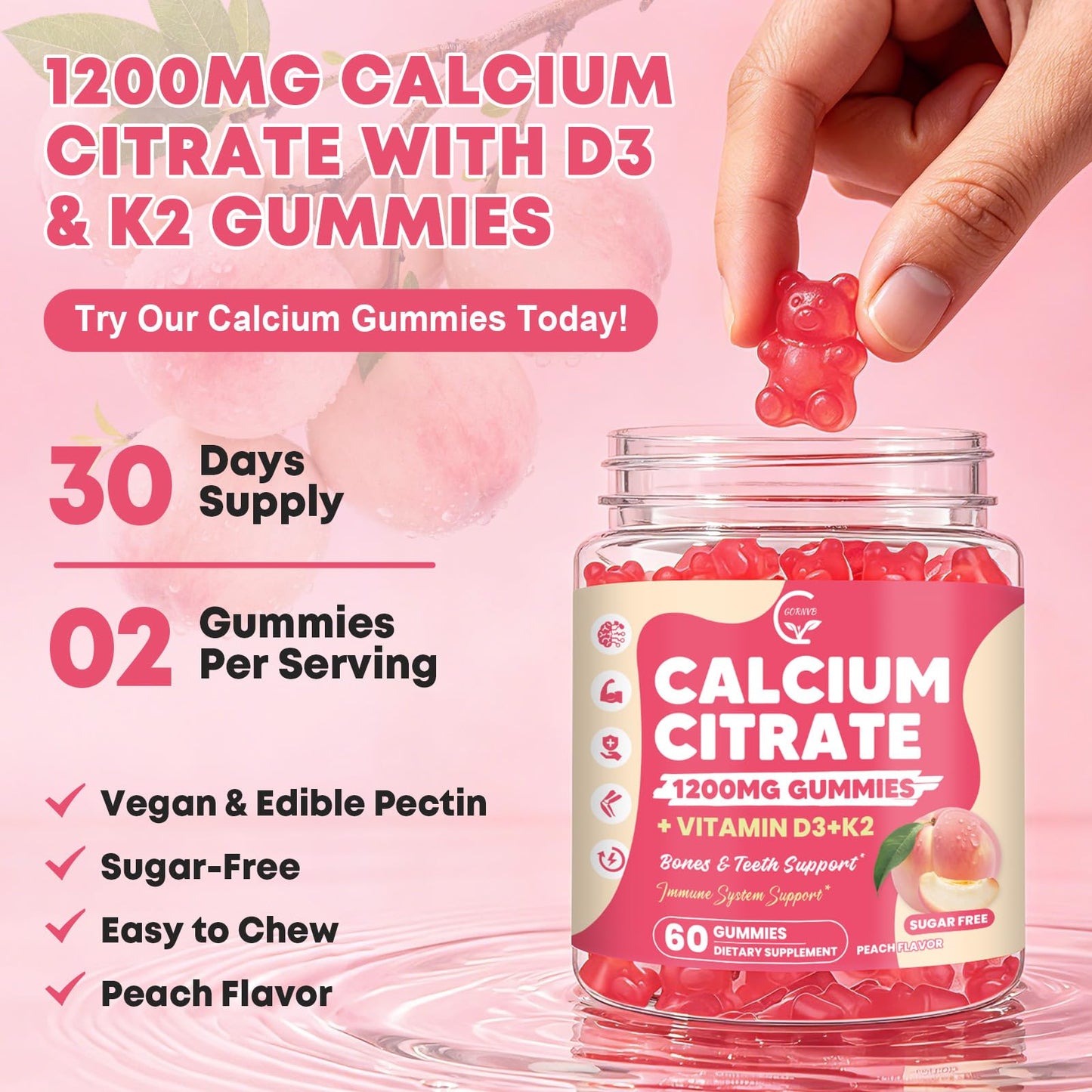 GORNVB Calcium Citrate Gummies 1200 mg with Vitamin D3, K2, Vegan, 60 Gummies