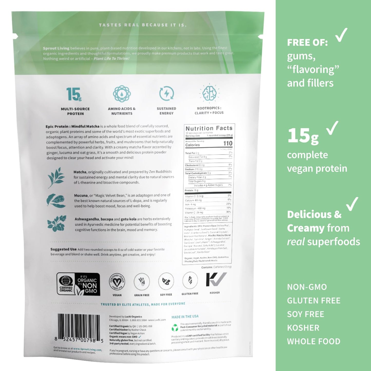 Sprout Living Epic Protein Plant Based Protein & Superfoods Powder Mindful Matcha, 16 Servings