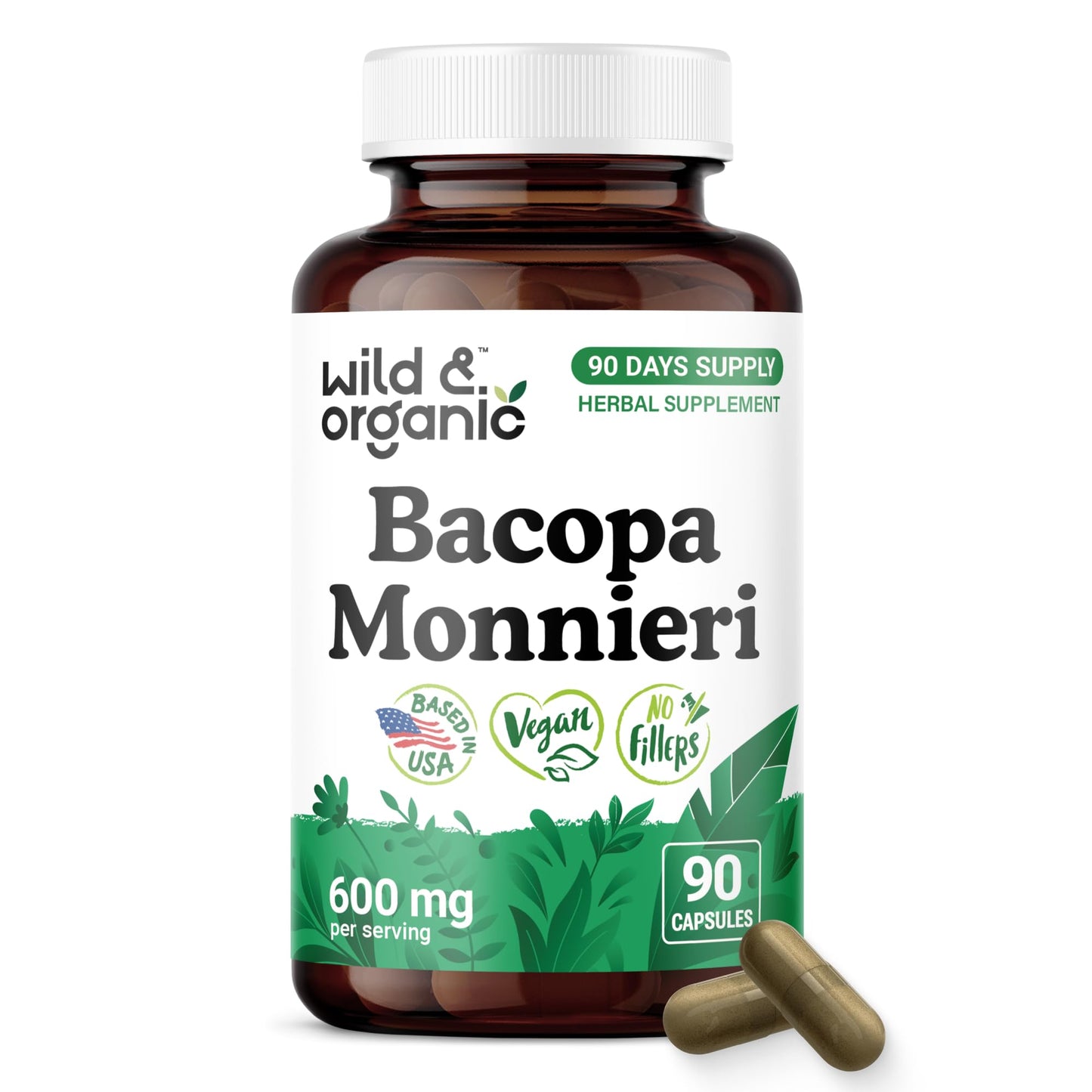 Wild & Organic Bacopa 600 mg Capsules, Brain Support, 90 Count