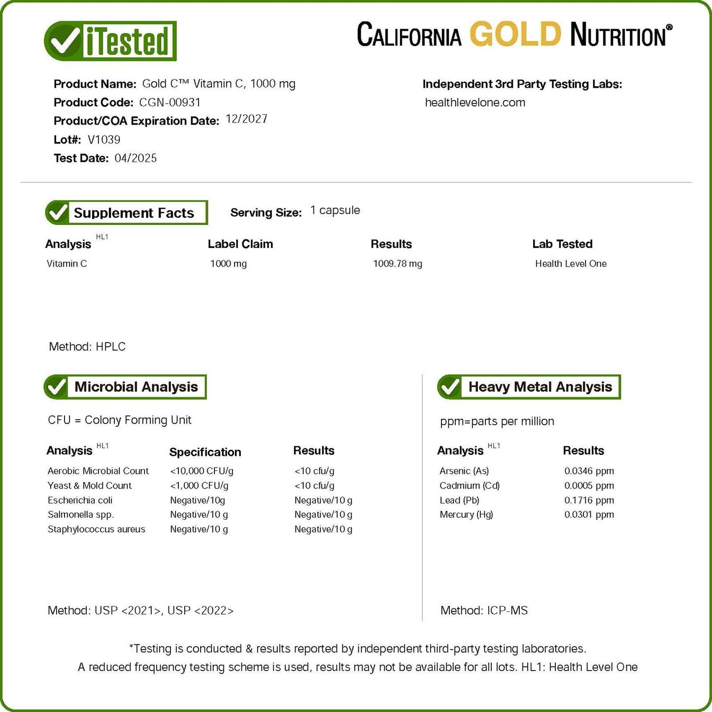 California Gold Nutrition Vitamin C 1000 mg Veggie Capsules, 60 Count