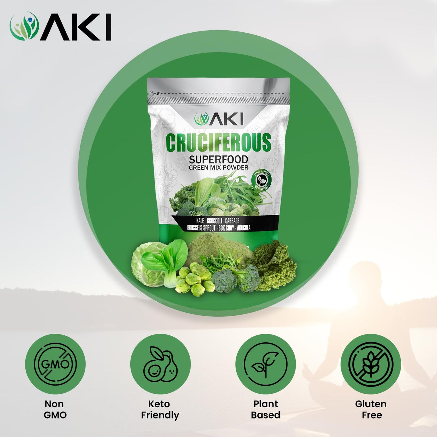 AKI ORGANIC Cruciferous Superfood Green Mix Powder, 16