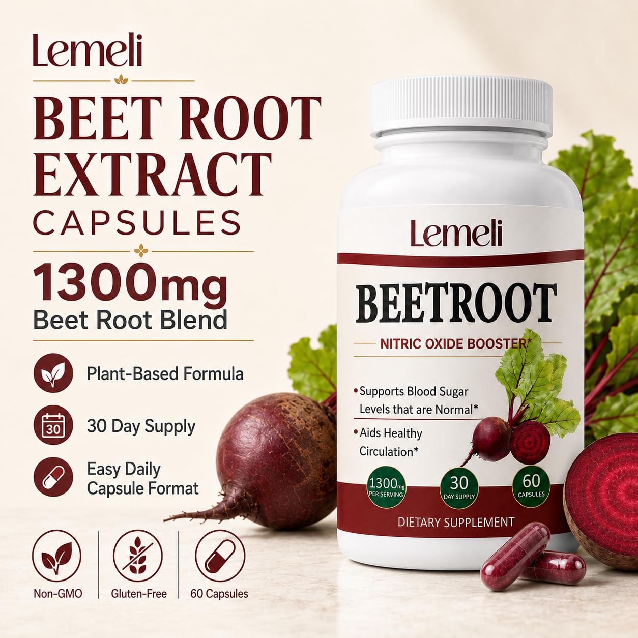 Lence Lemeli Beetroot 1300mg Capsules, 60 Count