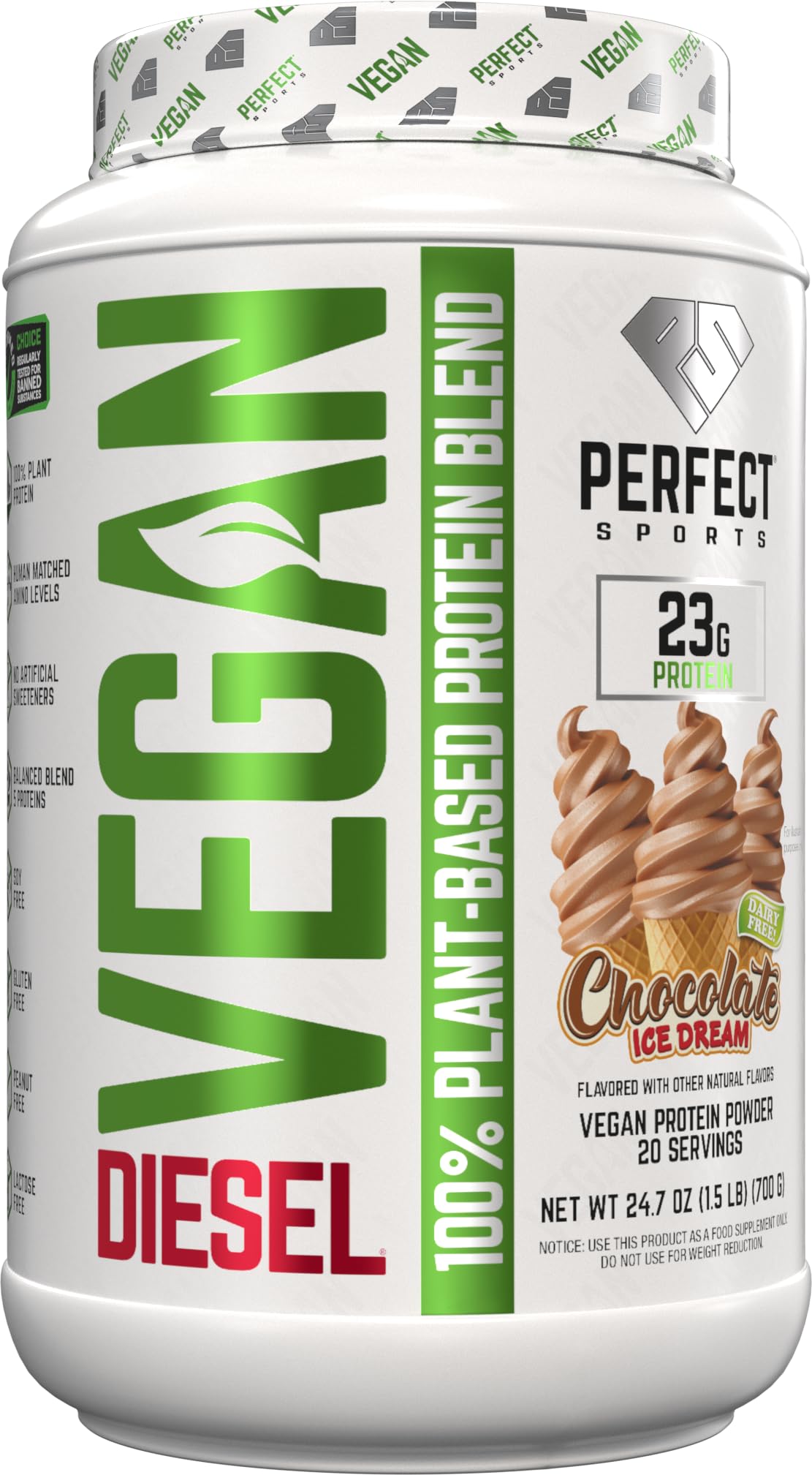 PERFECT SPORTS Vegan Diesel 100% Plant Based Protein Powder, 24 Servings