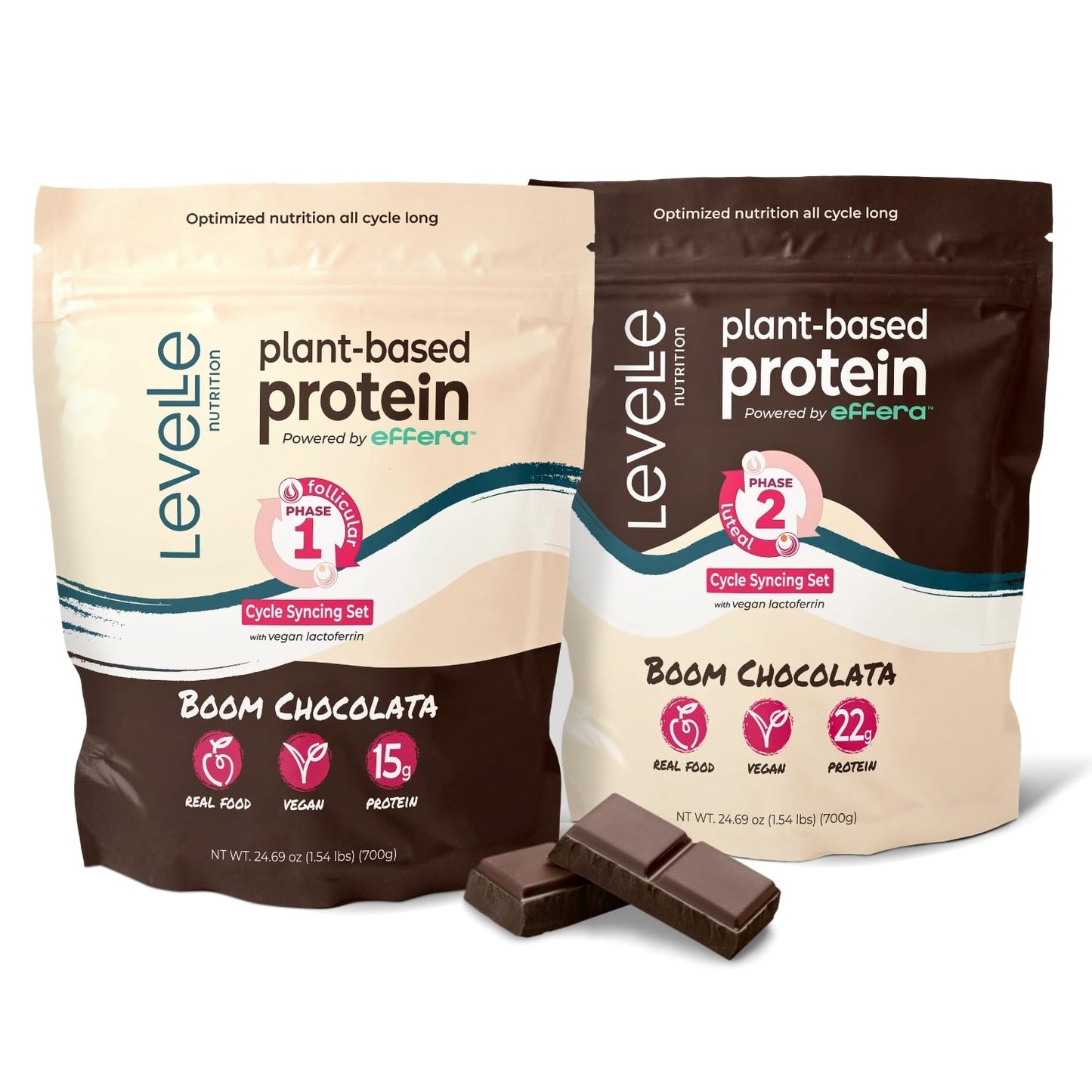 Levelle Nutrition Boom Chocolata Cycle-Syncing Plant-Based Protein Powder Set, Pea & Pumpkin Protein, 1.54 lb, 2-Pack