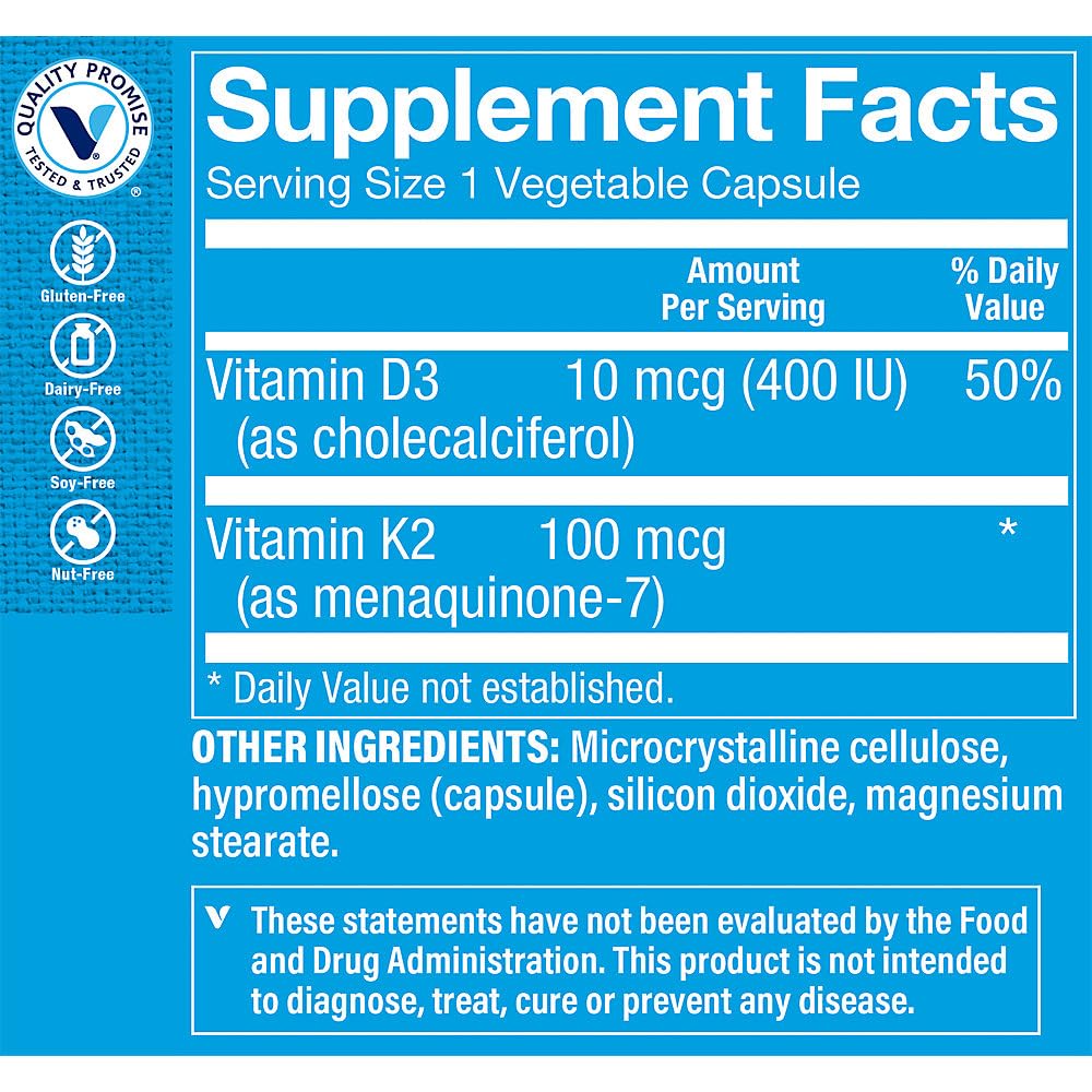 The Vitamin Shoppe Vitamin K2 MK-7 100 MCG - Bone Density & Arterial Health, Menaquinone-7, Vegan 90 Vegetarian Capsules