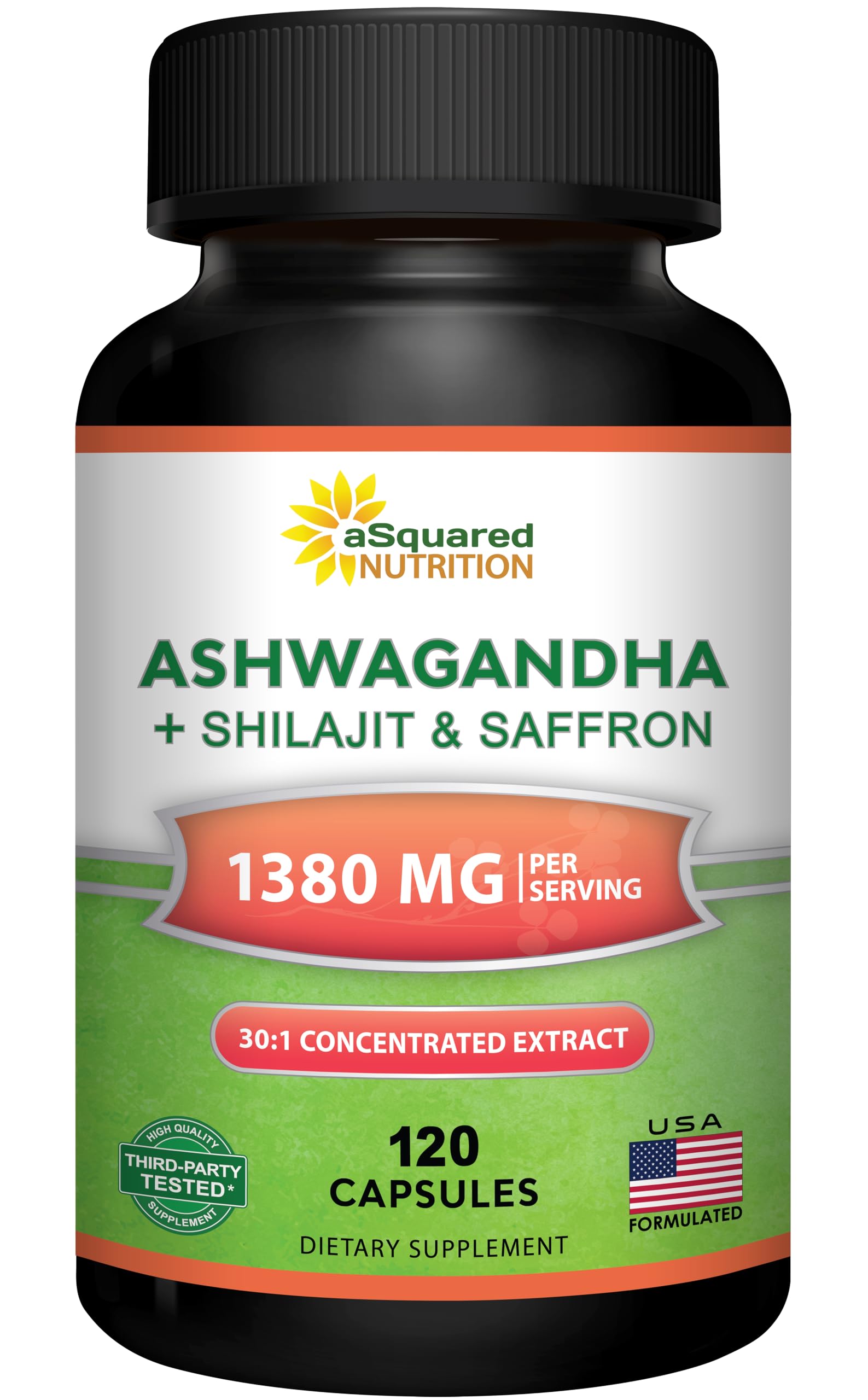 aSquared Nutrition Ashwagandha for Men & Women + Shilajit & Saffron, 120 Capsules