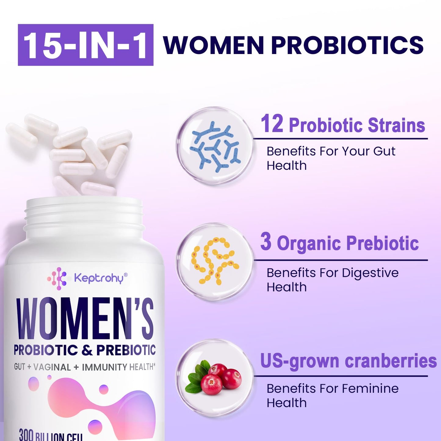 Keptrohy Vaginal Probiotics for Women Capsule 60 Count, 300 Billion CFUs, 12 Strains