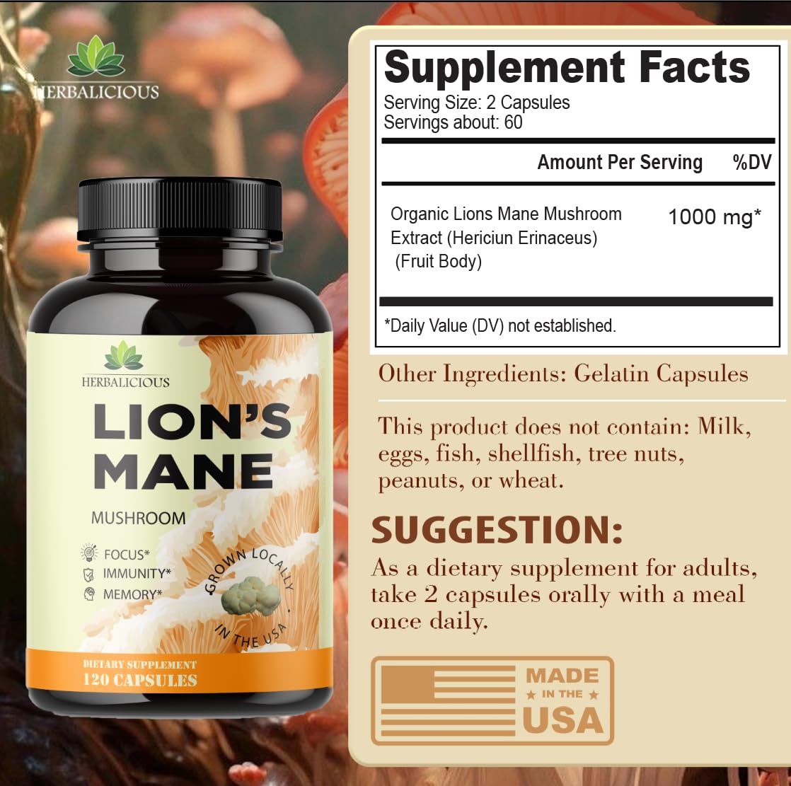 HERBALICIOUS Lion’s Mane Supplement Capsules, 120 Capsules