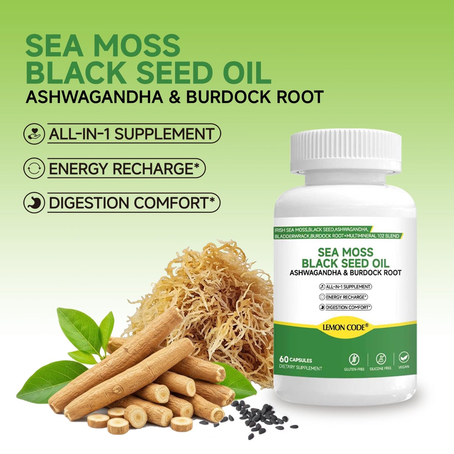 LEMON CODE Sea Moss & Black Seed Oil Capsules with Burdock & Bladderwrack & Ashwagandha, Vitamin C&D, Natural Herbal Complex for Daily Balance, Energy & Digestive Support, 60 Capsules