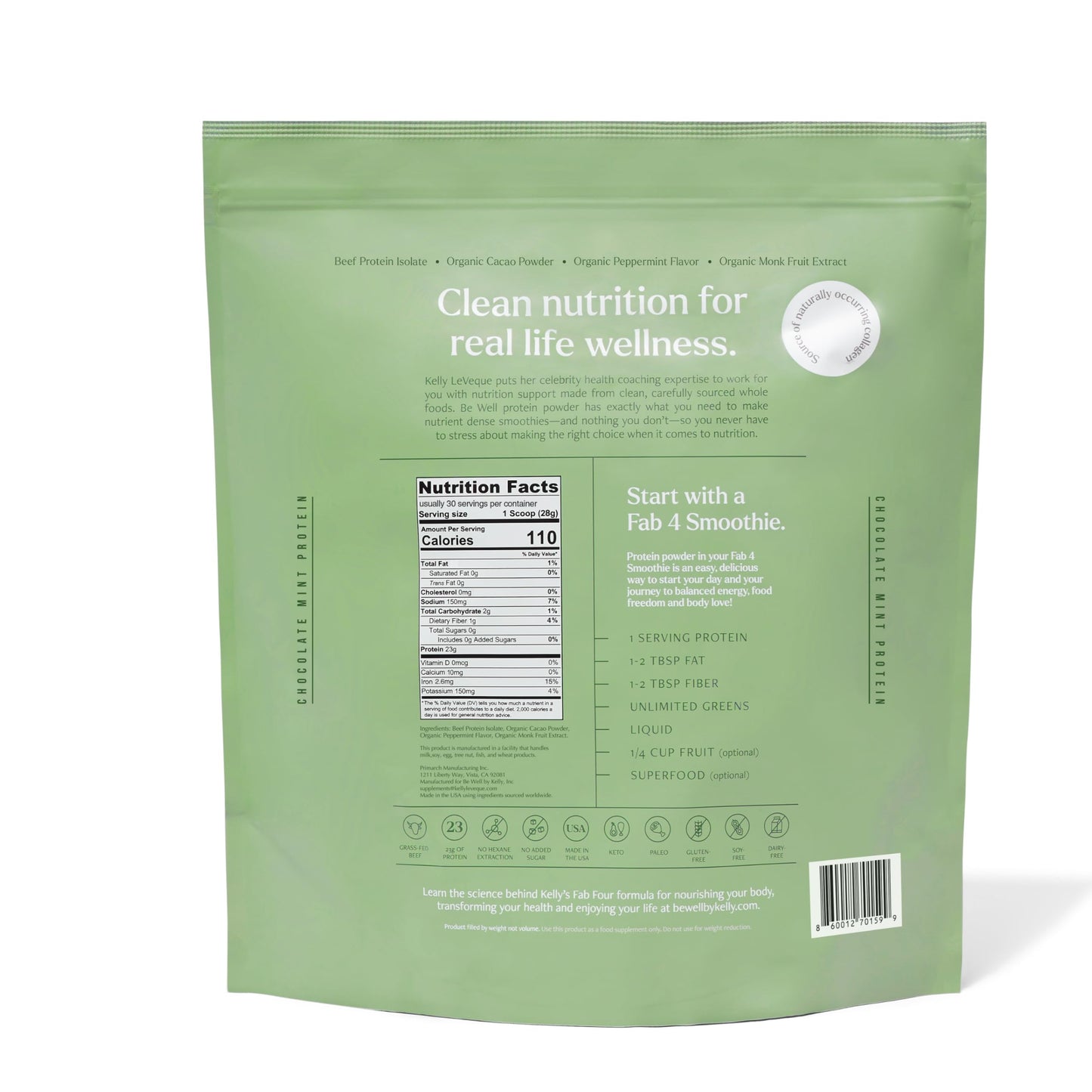 Be Well by Kelly LeVeque Mint Chocolate Grass-Fed Beef Protein Powder 28 Servings 1.75 Pound