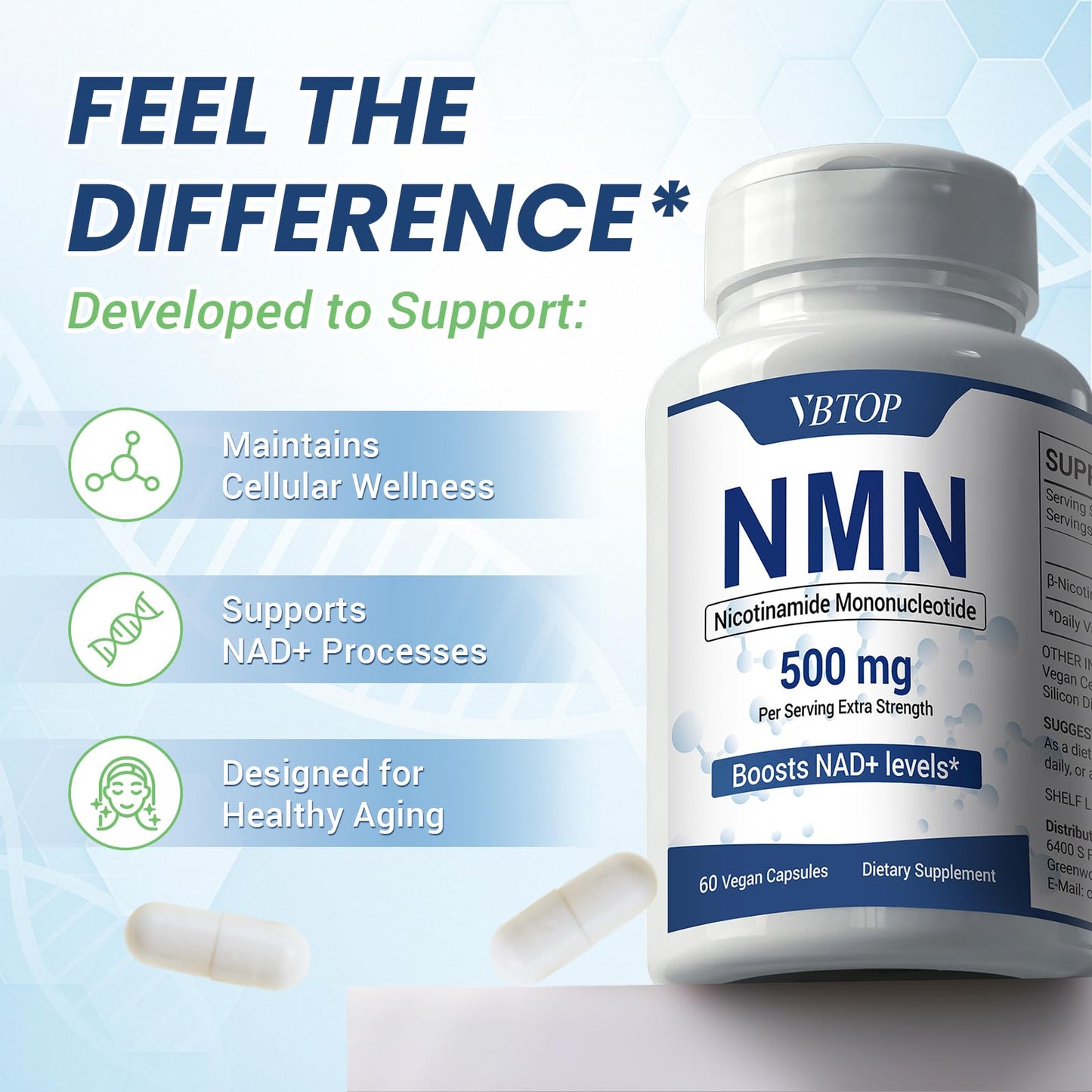 VBTOP NMN 500 mg Nicotinamide Mononucleotide Supplement, 60 Capsules