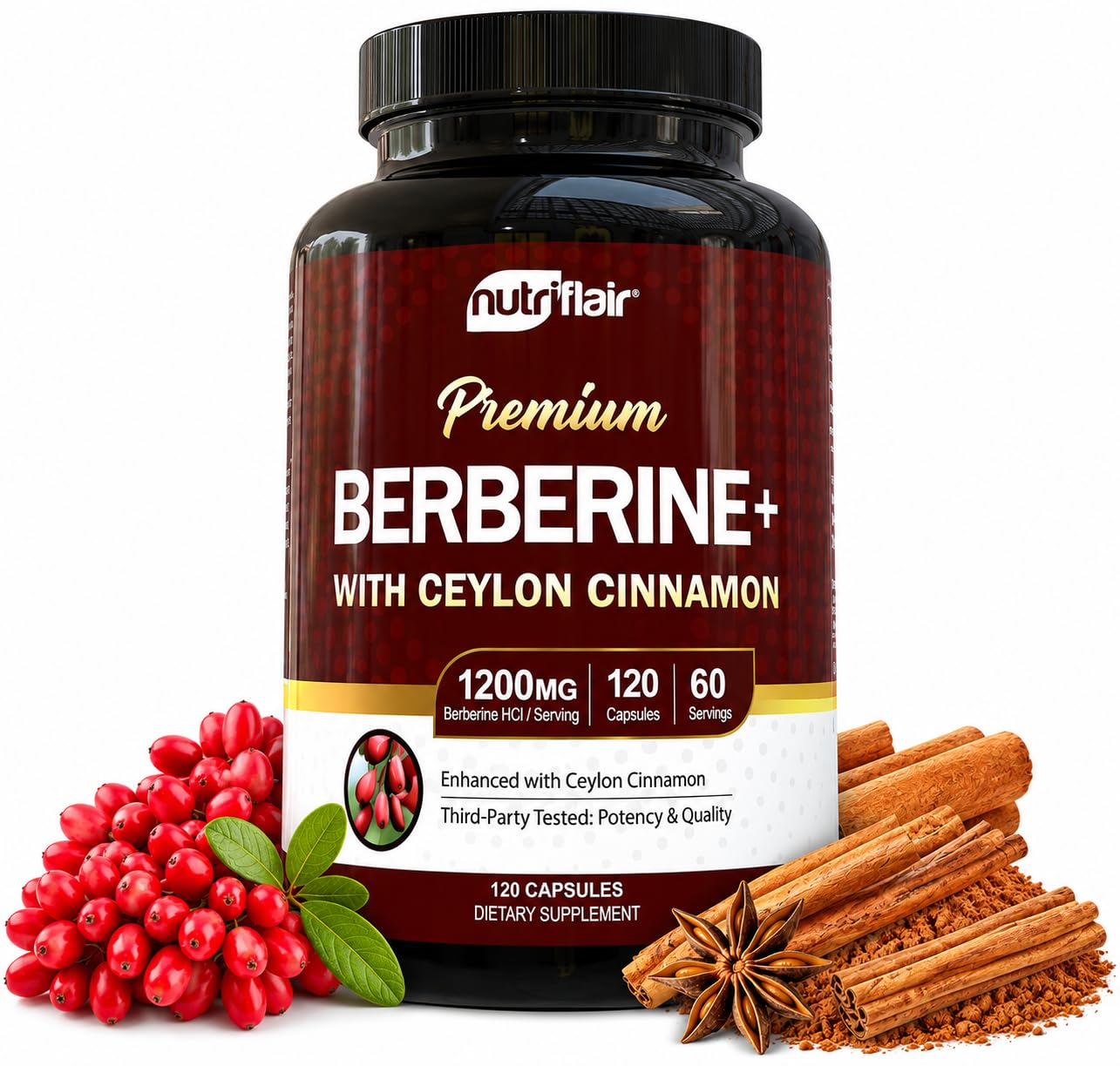 NutriFlair Berberine HCl 1200mg Capsules, 120 Count