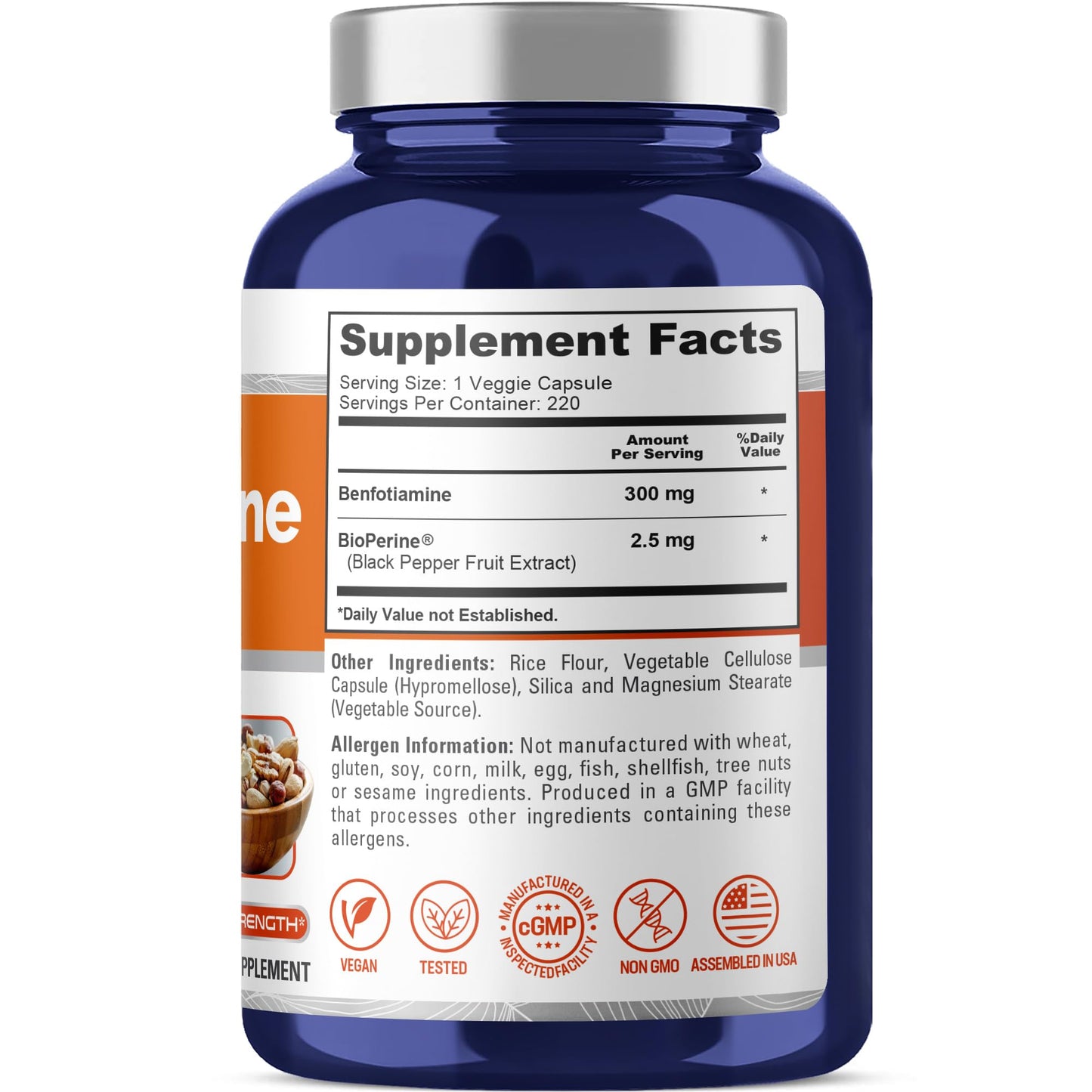NusaPure Benfotiamine 300mg Capsules, 220 Count, Non-GMO, Vegan, Bioperine