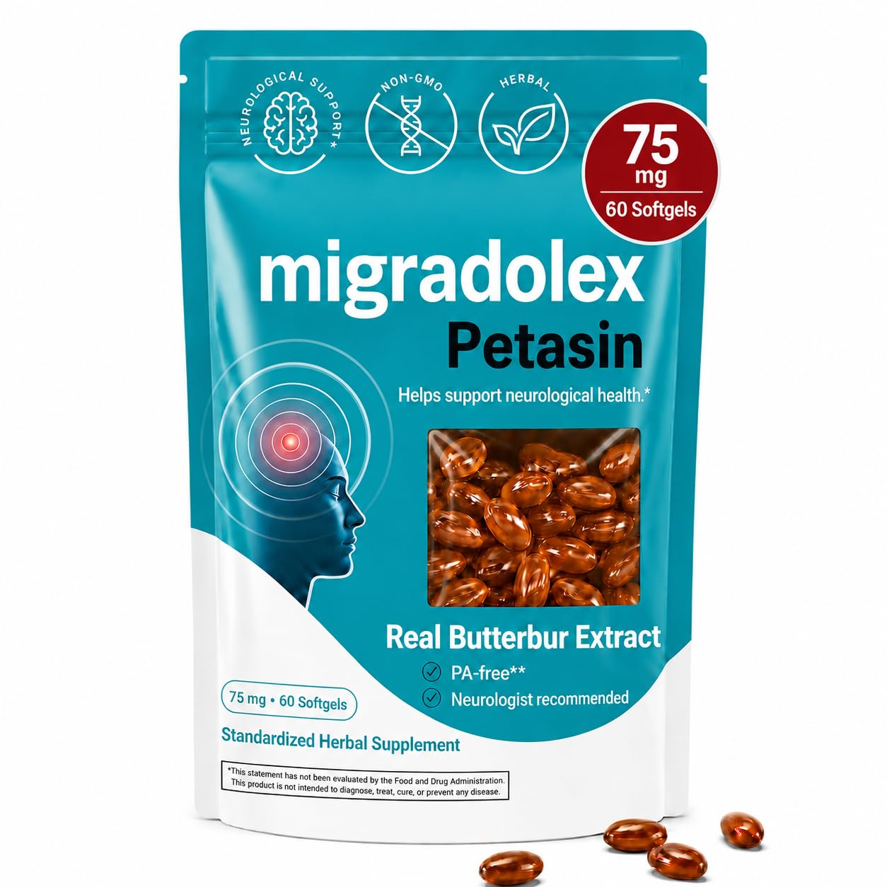 Migradolex Petasin 75 mg Patented Butterbur Extract PA-Free Standardized 15% Petasins (Petasin & Isopetasin) Migraine & Head Comfort Support High Bioavailability 60 Capsules