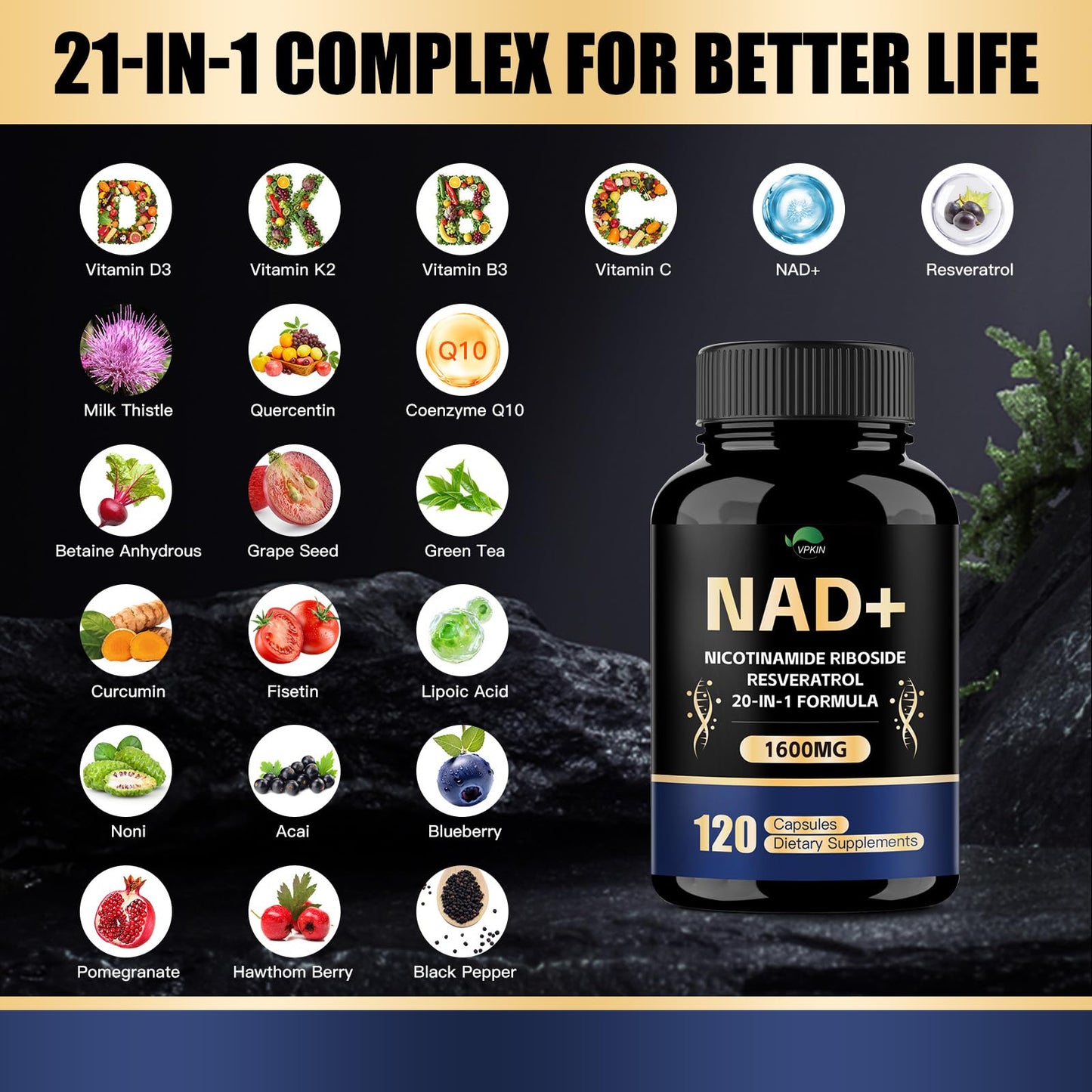 VPKIN NAD+ 1500mg Supplement with Resveratrol, Nicotinamide, Quercetin & CoQ10, Non-GMO, No Fillers, 120 Capsules