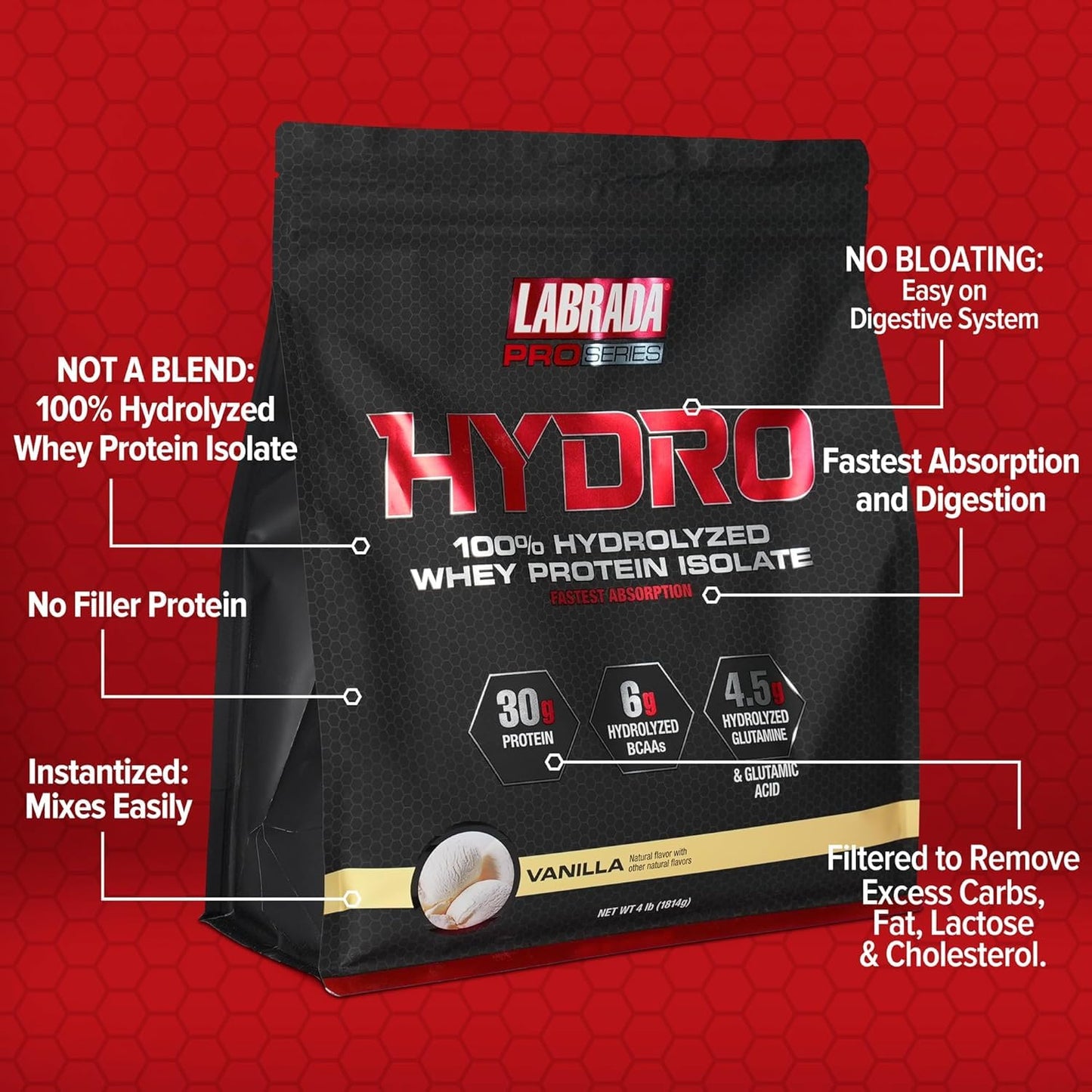 Labrada Hydro 100% Pure Hydrolyzed Whey Protein Isolate Powder, Vanilla, 64 Servings, 4 lb